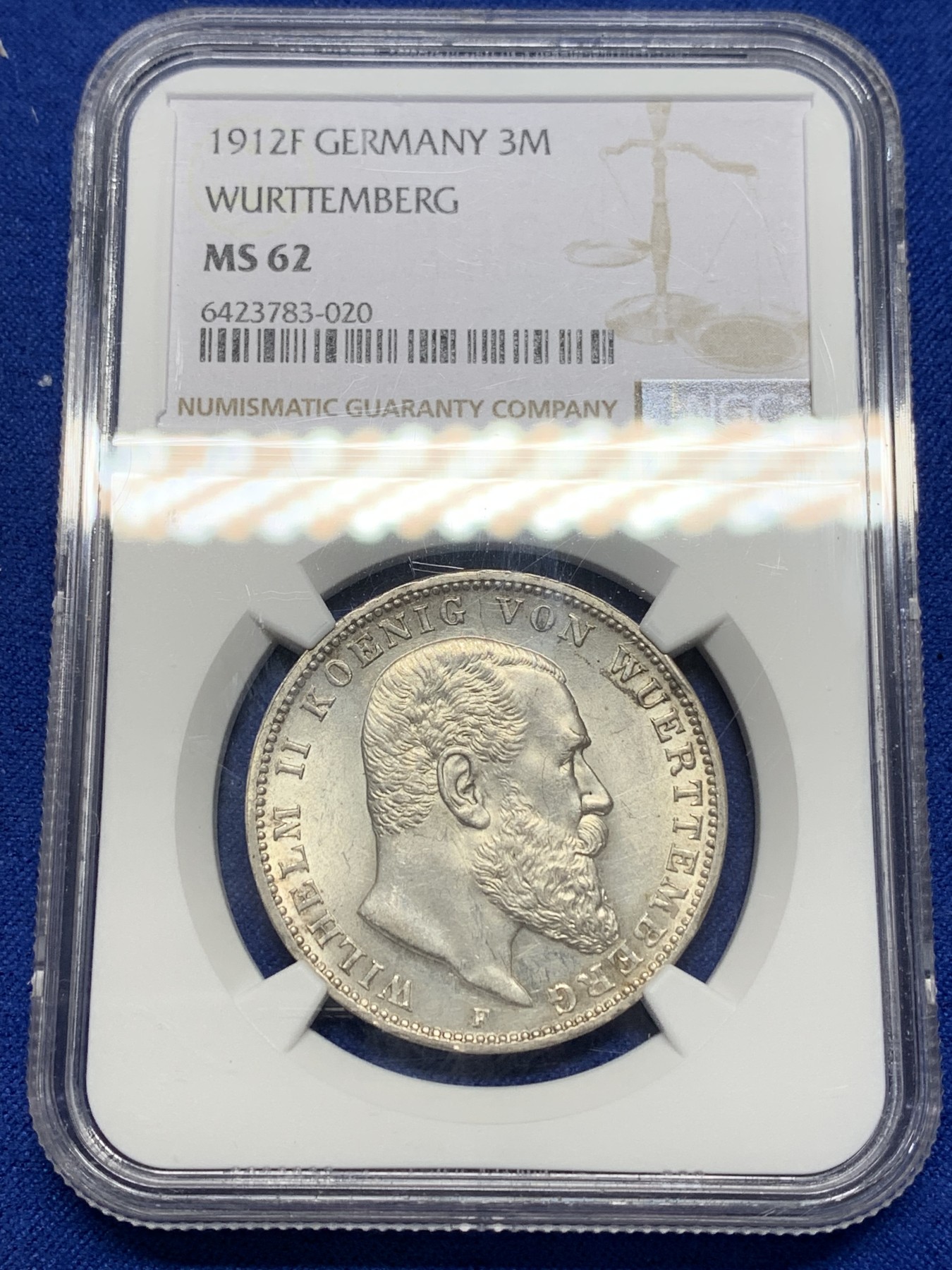 《竞宝斋》第205场-周日，周一 2场 (全场包邮) NGC-MS62 德国 1912年 符腾堡 威廉二世 3马克 银币 少见品种 裸币基本都是普品 少见ms