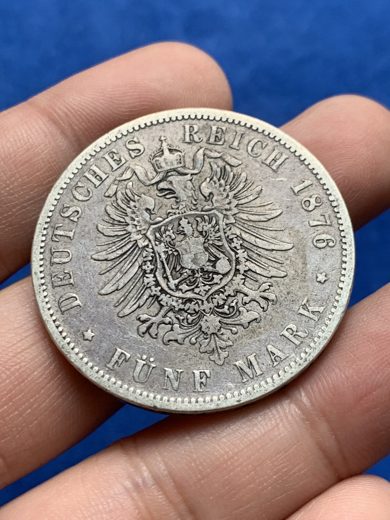 《竞宝斋》第205场-周日，周一 2场 (全场包邮) 1876年德国普鲁士威廉一世短翅5马克银币，老包浆