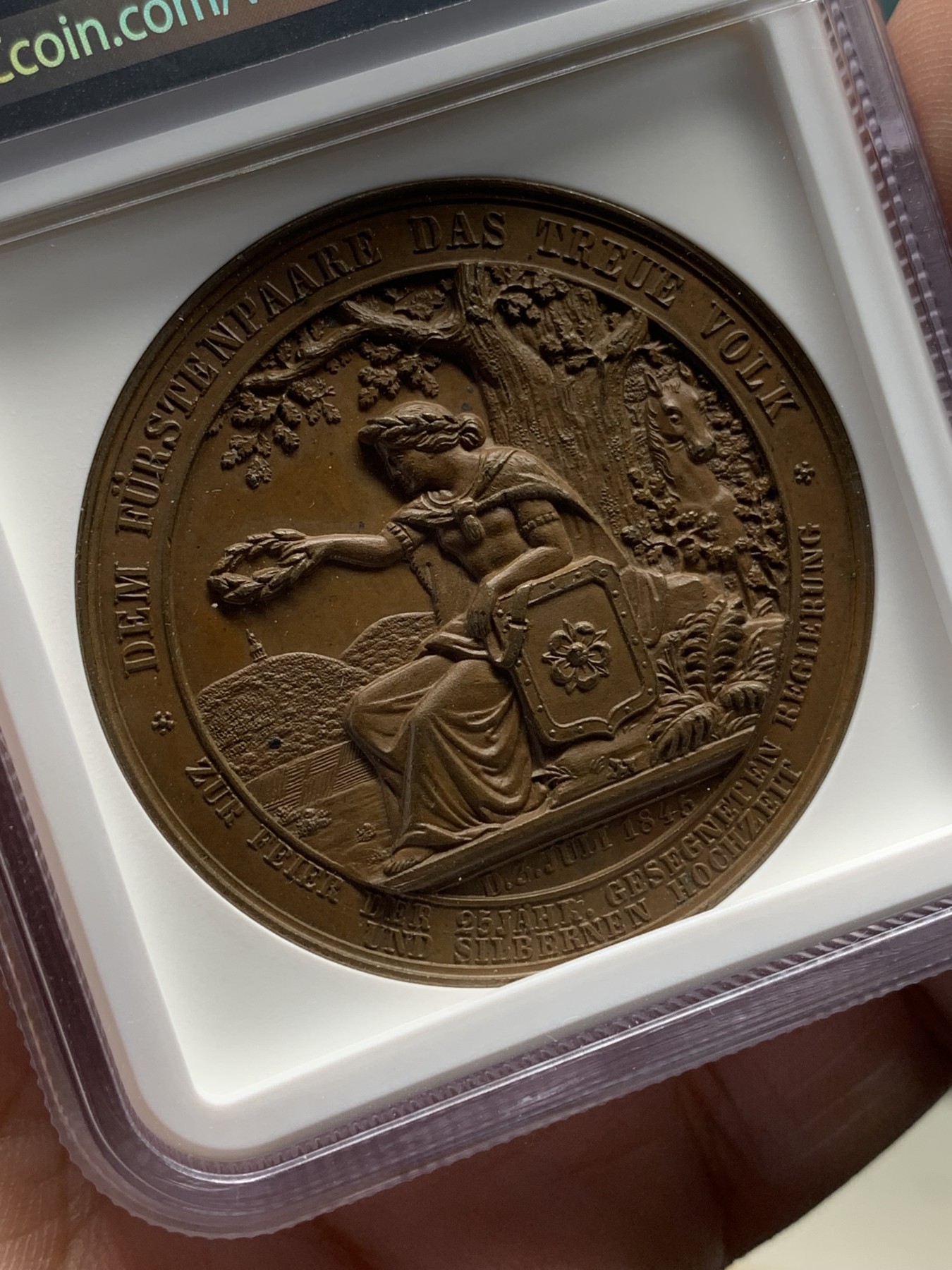 《竞宝斋》第205场-周日，周一 2场 (全场包邮) NGC MS61 德国 1845 利奥波德与洛伦兹婚礼纪念大铜章 巧克力包浆 加厚盒装