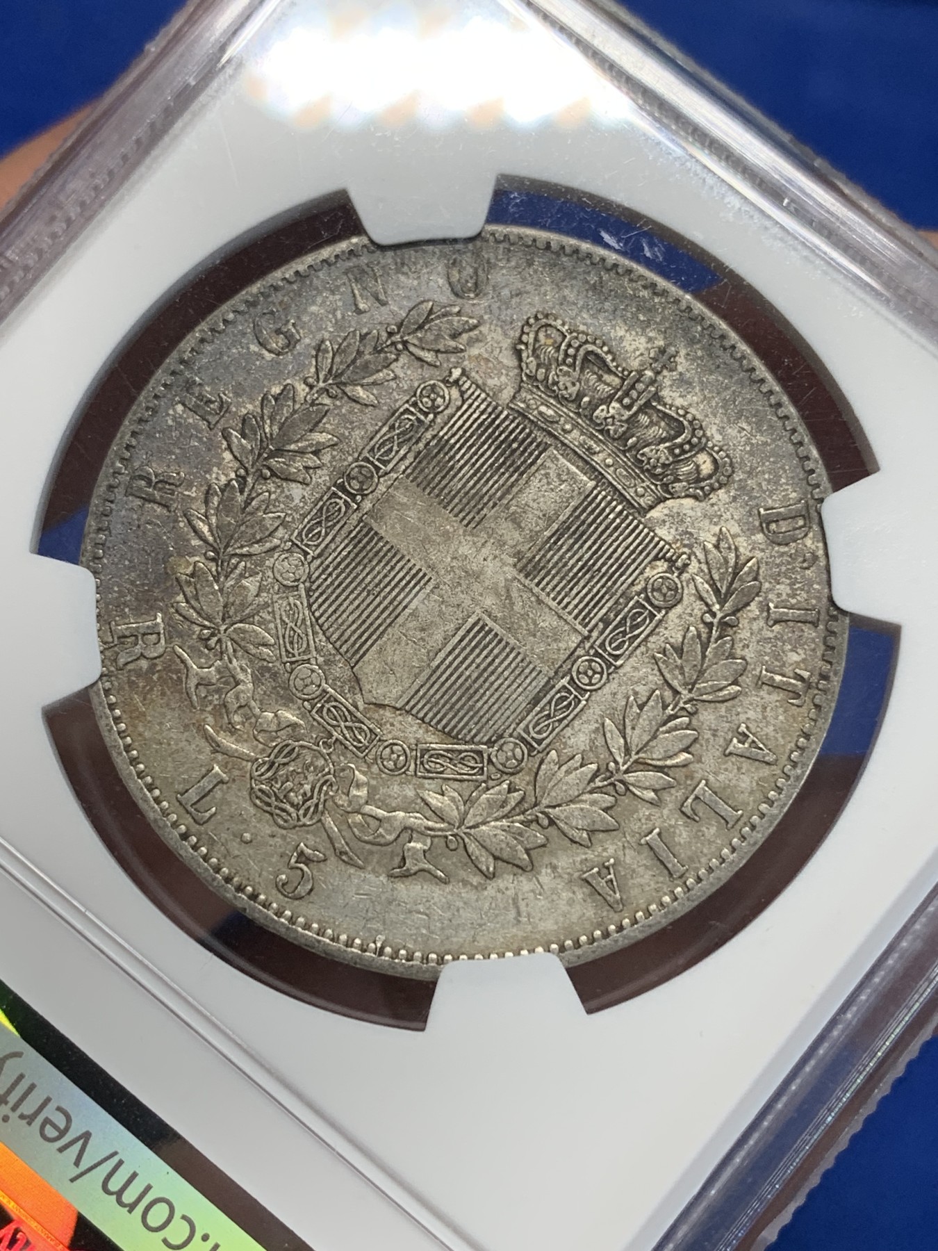 《竞宝斋》第205场-周日，周一 2场 (全场包邮) NGC AU50  意大利1876R伊曼纽尔五里拉银币，细节都在  月牙包浆