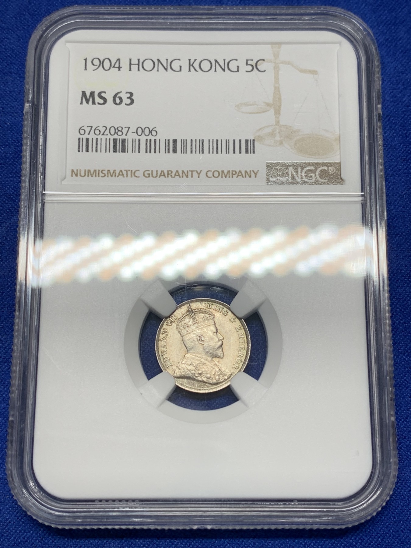 《竞宝斋》第205场-周日，周一 2场 (全场包邮) NGC-MS63 中国香港 1904年 爱德华七世 五仙 银币 黄油彩