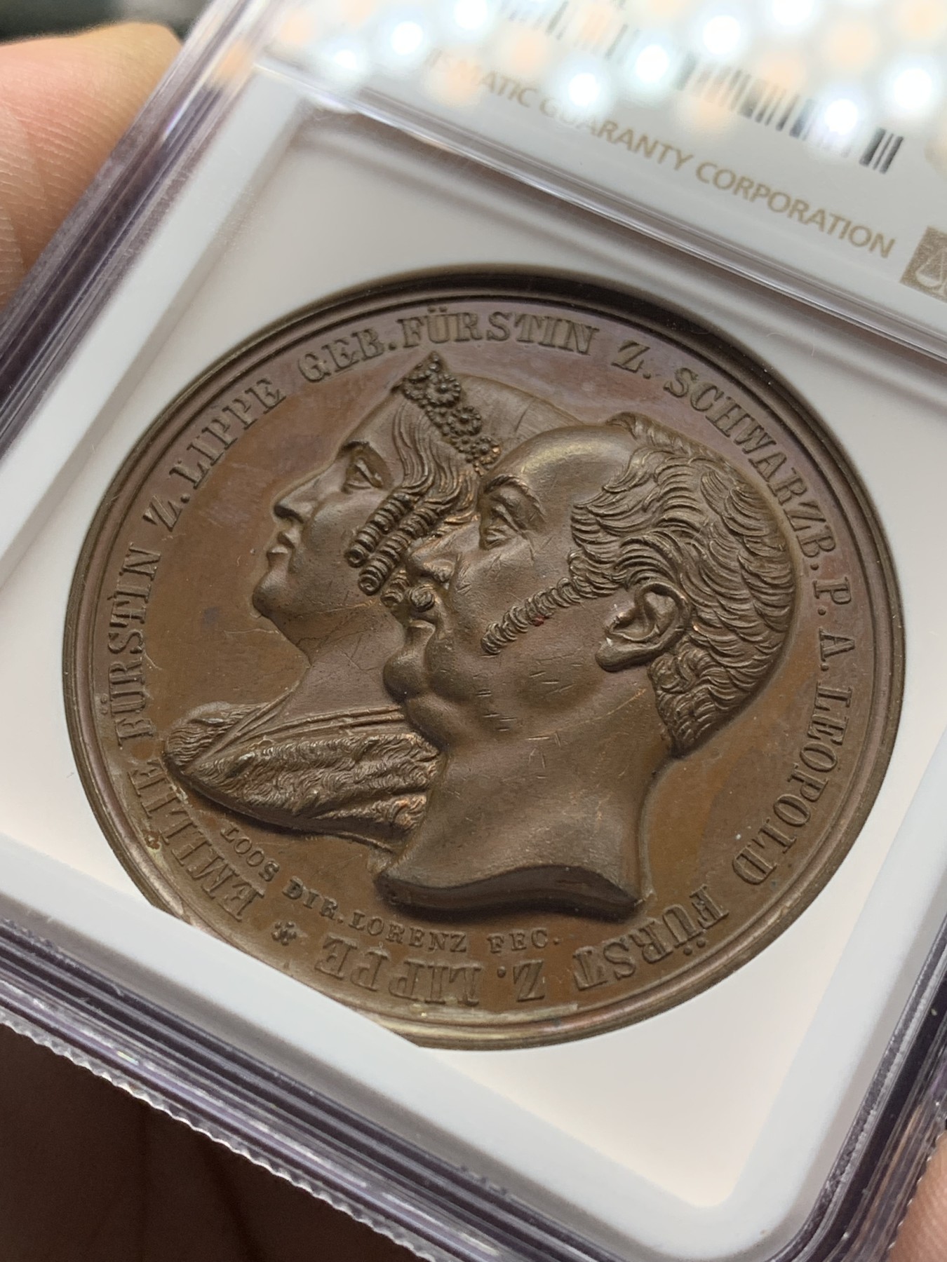 《竞宝斋》第205场-周日，周一 2场 (全场包邮) NGC MS61 德国 1845 利奥波德与洛伦兹婚礼纪念大铜章 巧克力包浆 加厚盒装