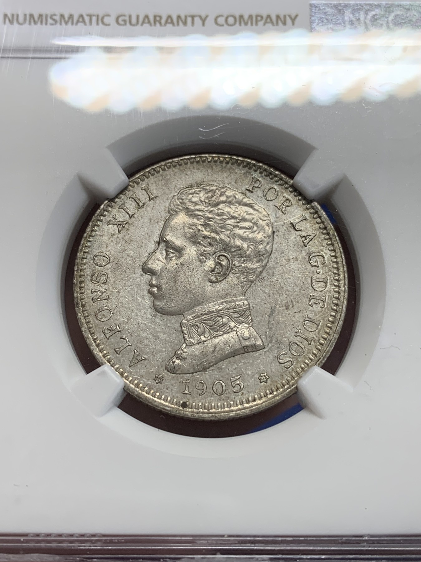 《竞宝斋》第205场-周日，周一 2场 (全场包邮) NGC-AU55 西班牙1905阿方索十三世2比塞塔银币