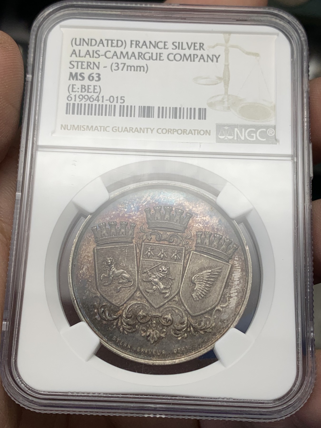 《竞宝斋》第205场-周日，周一 2场 (全场包邮) NGC-MS63/64/64 法国 十九世纪 Alais-Camargue贸易公司银铝铜章三枚 设计漂亮 银章五彩