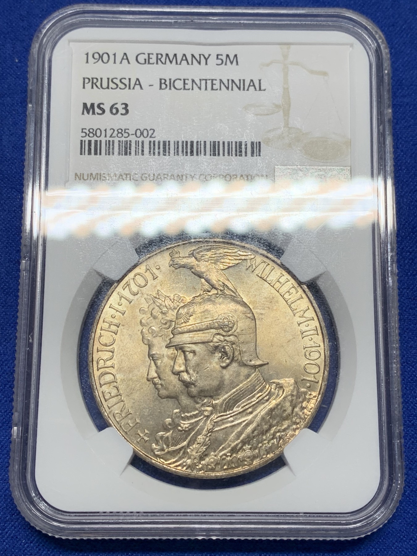 《竞宝斋》第205场-周日，周一 2场 (全场包邮) NGC-MS63 德国1901年普鲁士建国200周年5马克纪念银币 柏林造币厂 金色黄油彩 车轮光 细节饱满