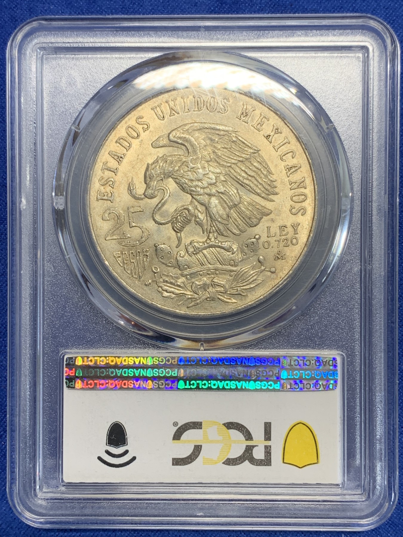 《竞宝斋》第205场-周日，周一 2场 (全场包邮) PCGS–MS64 墨西哥1968年奥运会25比索银币，黄油彩包浆，特别漂亮