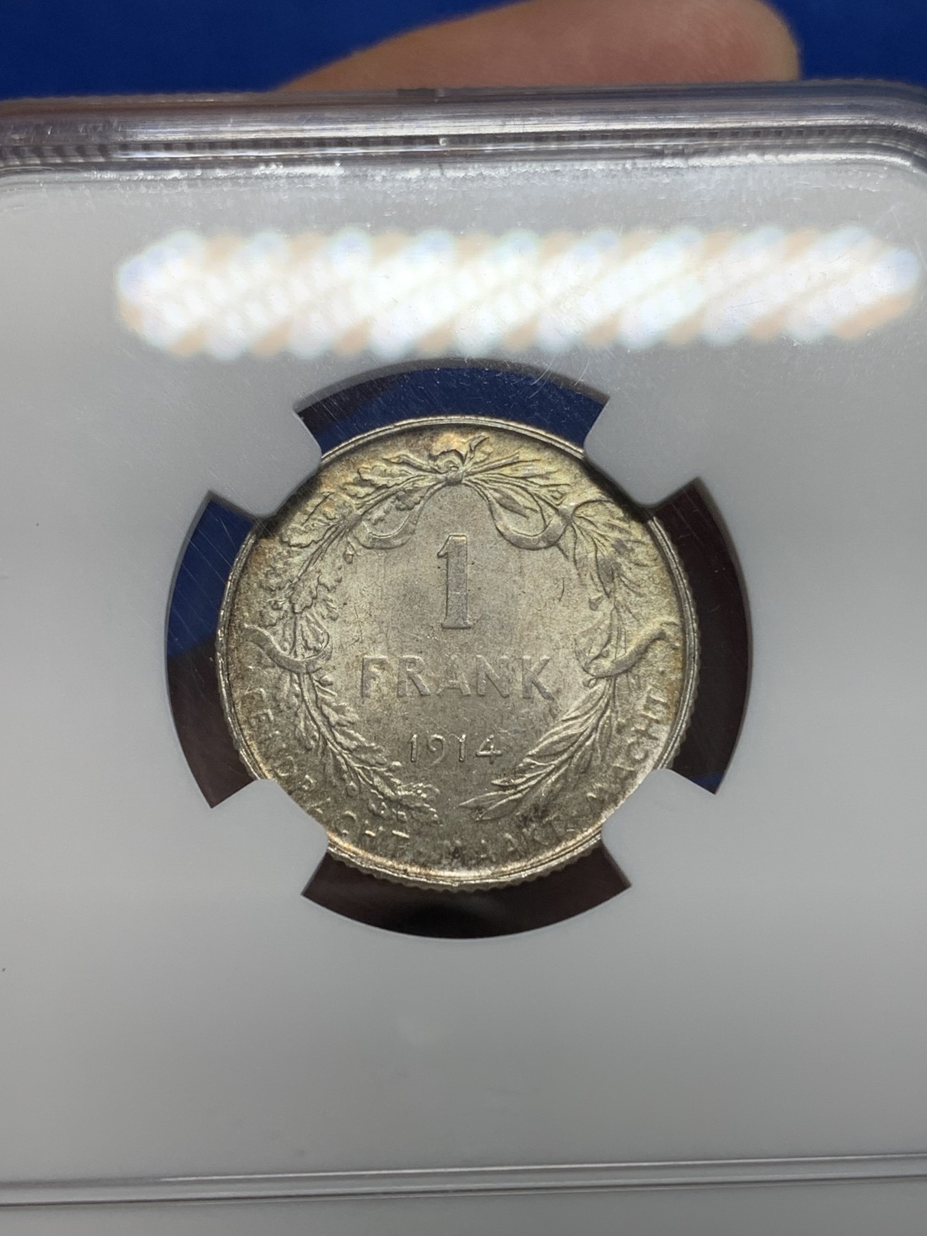 《竞宝斋》第205场-周日，周一 2场 (全场包邮) NGC-MS63 比利时 1914年 阿尔贝托国王 1法郎 银币 黄油彩