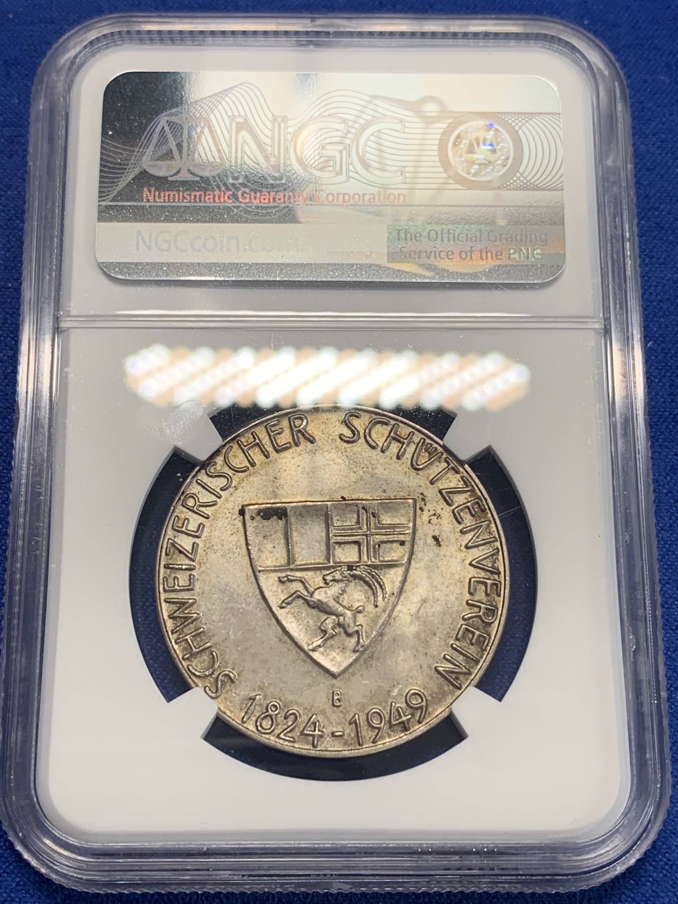 《竞宝斋》第205场-周日，周一 2场 (全场包邮) NGC MS63，瑞士1949年劳宾登射击节银章，总共不到500枚