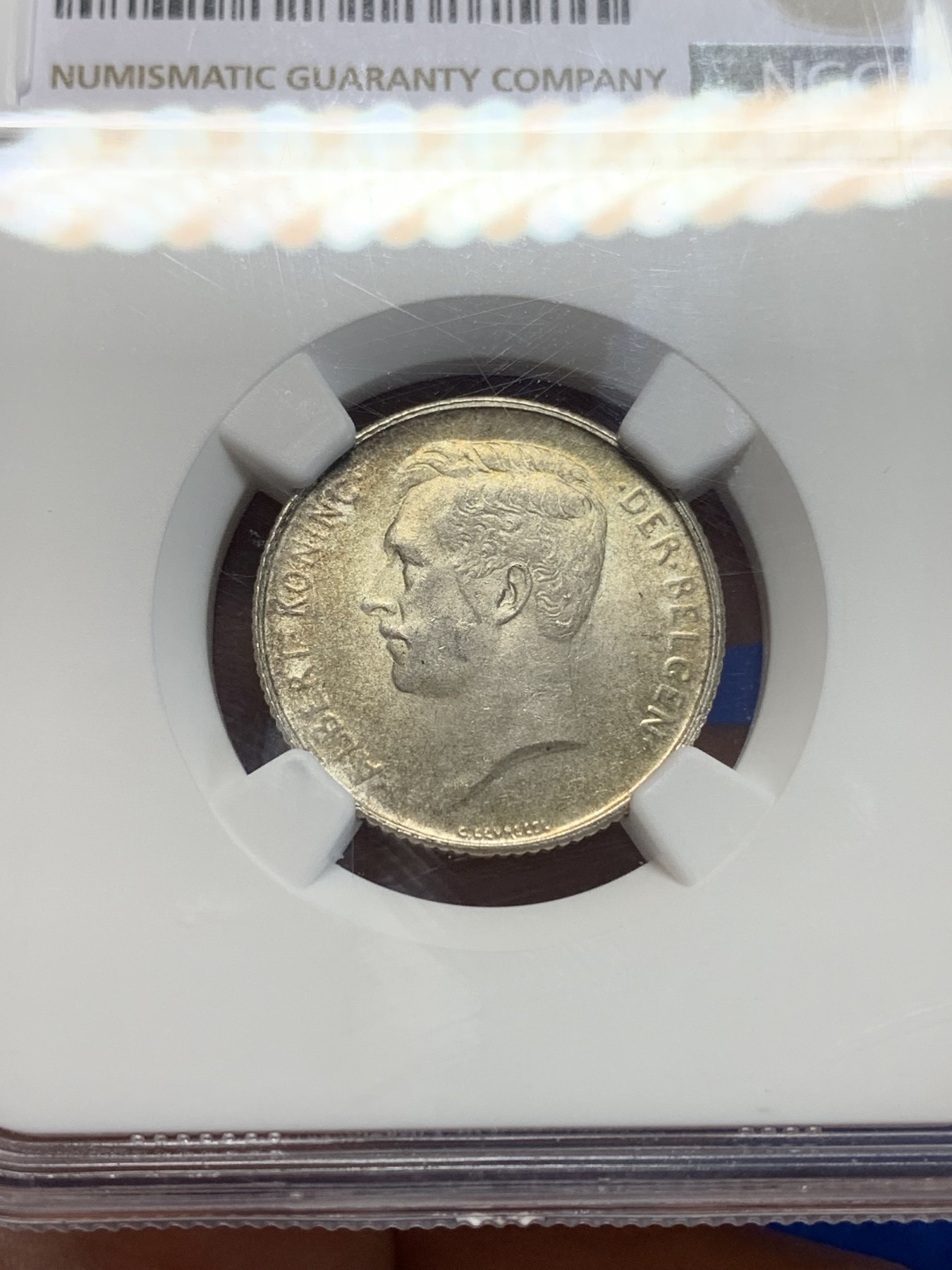 《竞宝斋》第205场-周日，周一 2场 (全场包邮) NGC-MS63 比利时 1914年 阿尔贝托国王 1法郎 银币 黄油彩