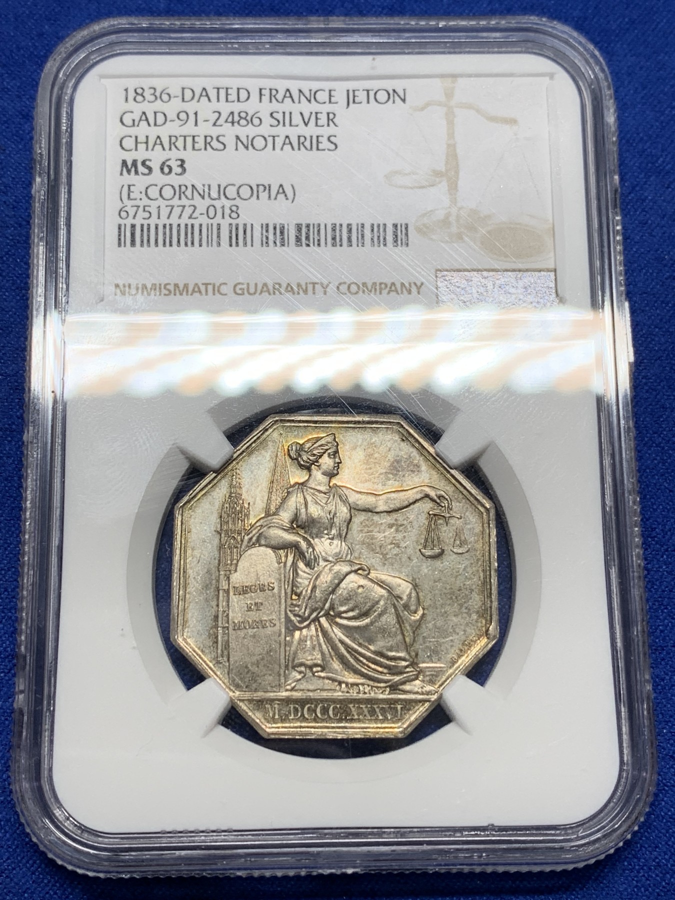 《竞宝斋》第205场-周日，周一 2场 (全场包邮) NGC MS63 法国 特许公证处 银质八角代币 状态好 权威庄严
