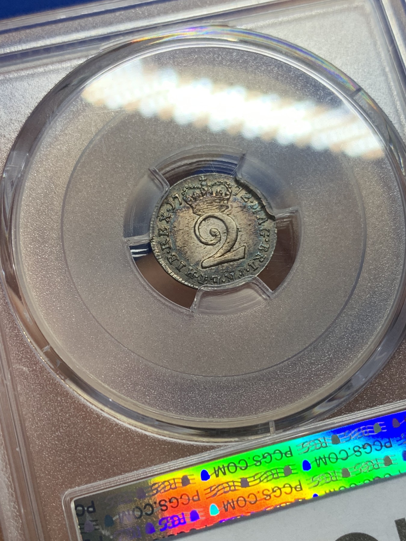 《竞宝斋》第205场-周日，周一 2场 (全场包邮) PCGS AU58 英国1772年乔治三世2便士银币，五彩，细节好