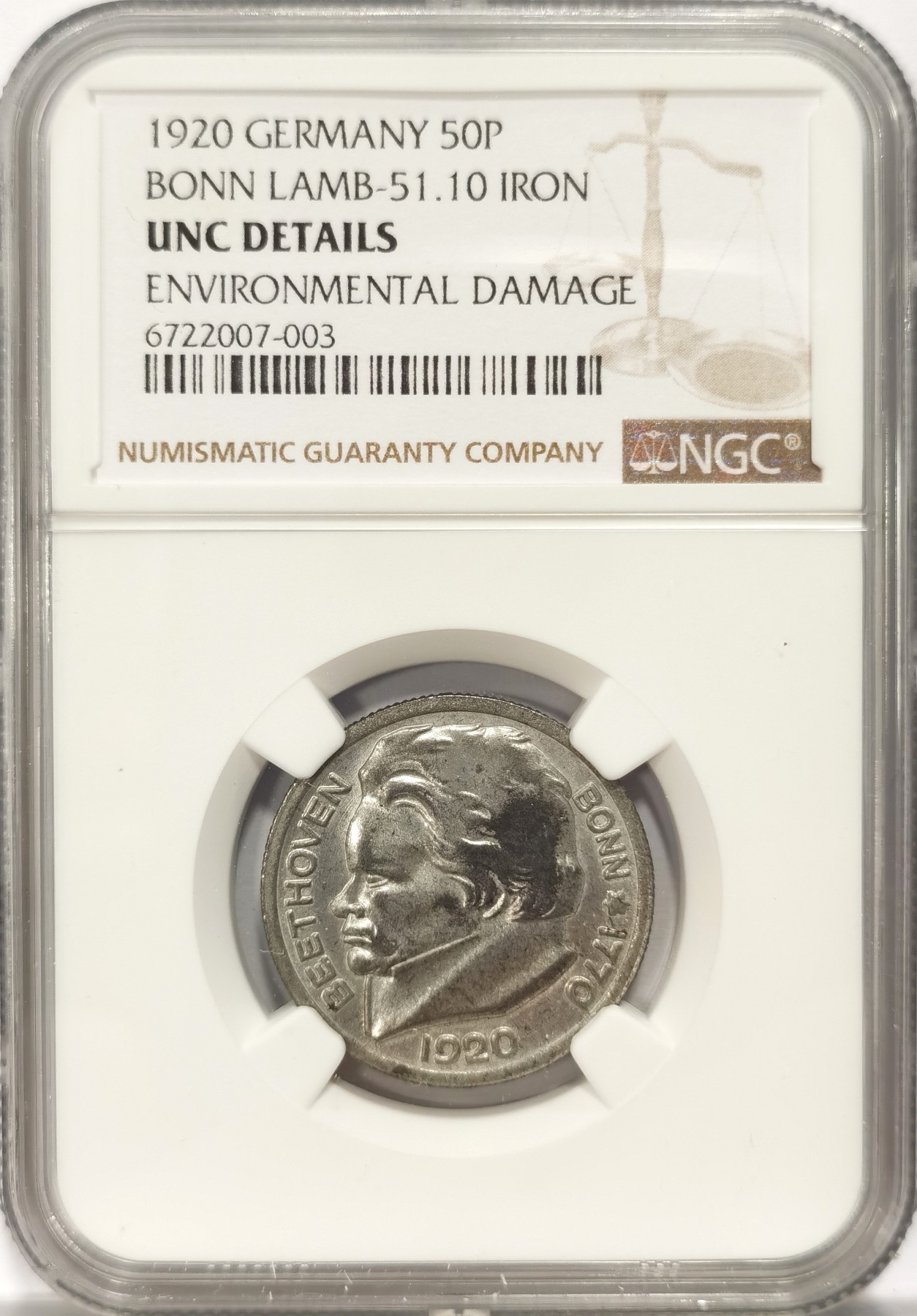 博洋堂世界钱币拍卖第047期（全场包邮） NGC UNC 波恩1920年贝多芬50芬尼铁币，德紧经典品种，波恩为贝多芬出生地，人像面轻微氧化，凑套必备