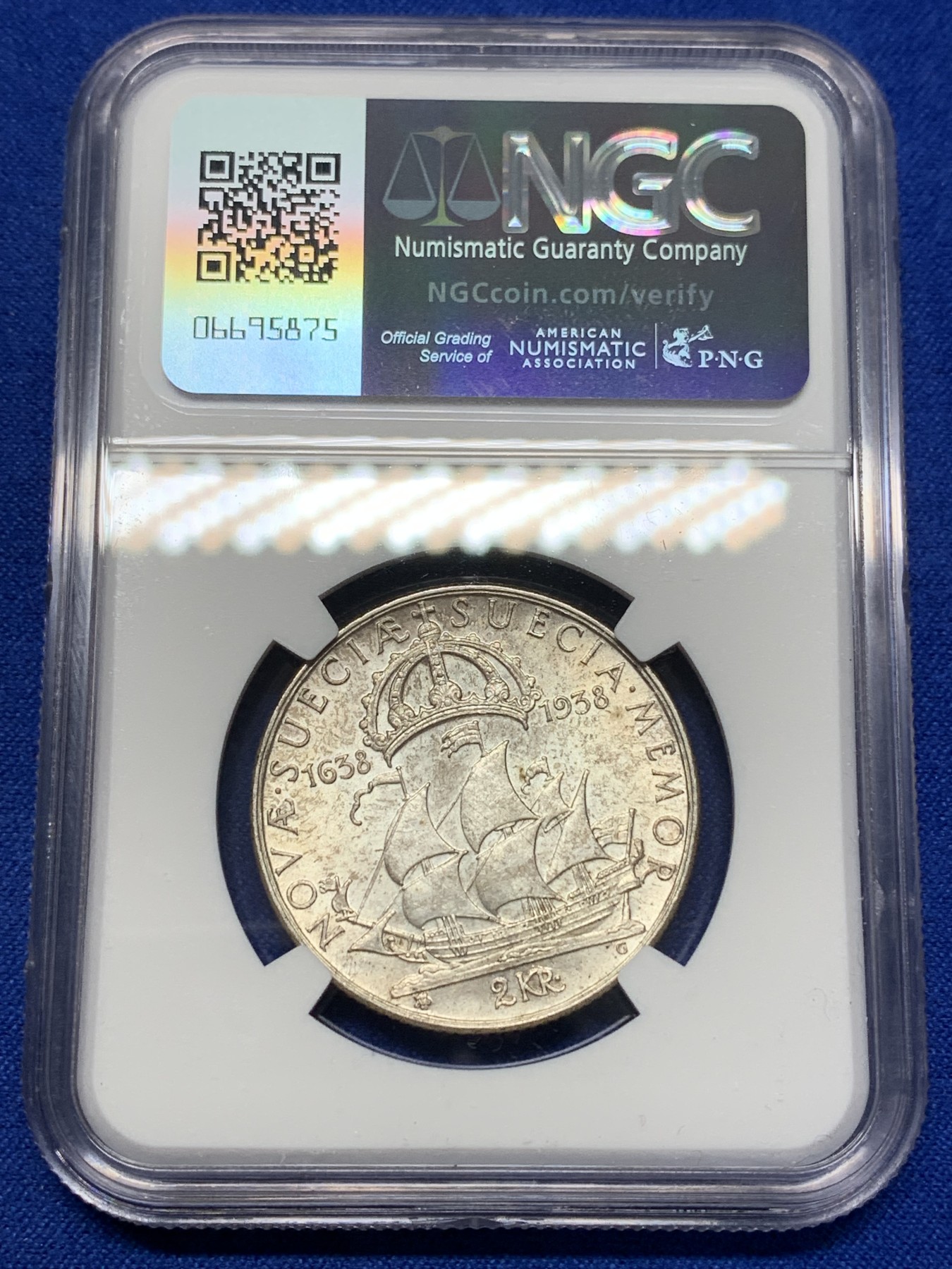 《竞宝斋》第205场-周日，周一 2场 (全场包邮) NGC-MS64 瑞典1938年 三百周年纪念 2克朗银币 高分好品