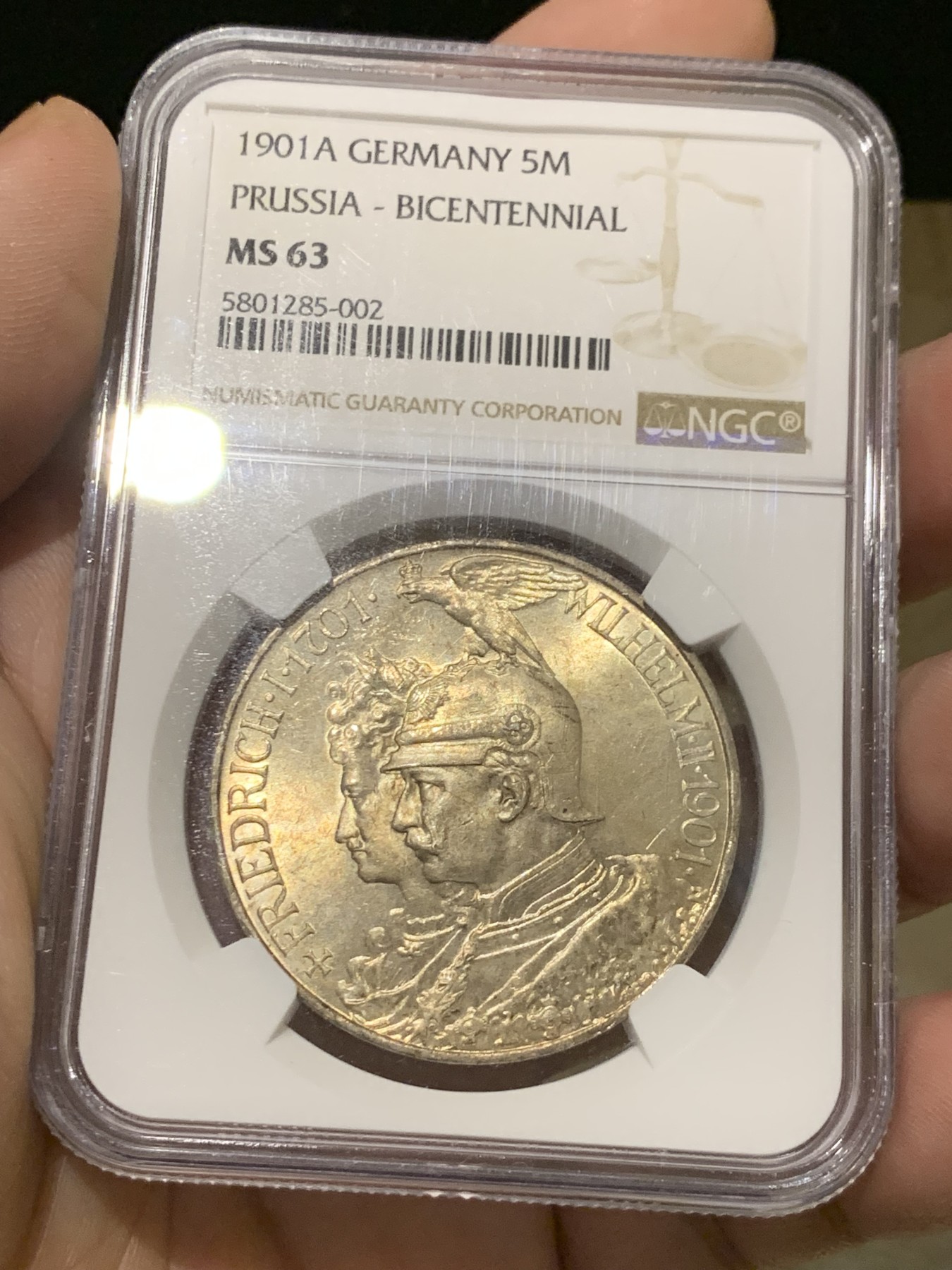 《竞宝斋》第205场-周日，周一 2场 (全场包邮) NGC-MS63 德国1901年普鲁士建国200周年5马克纪念银币 柏林造币厂 金色黄油彩 车轮光 细节饱满