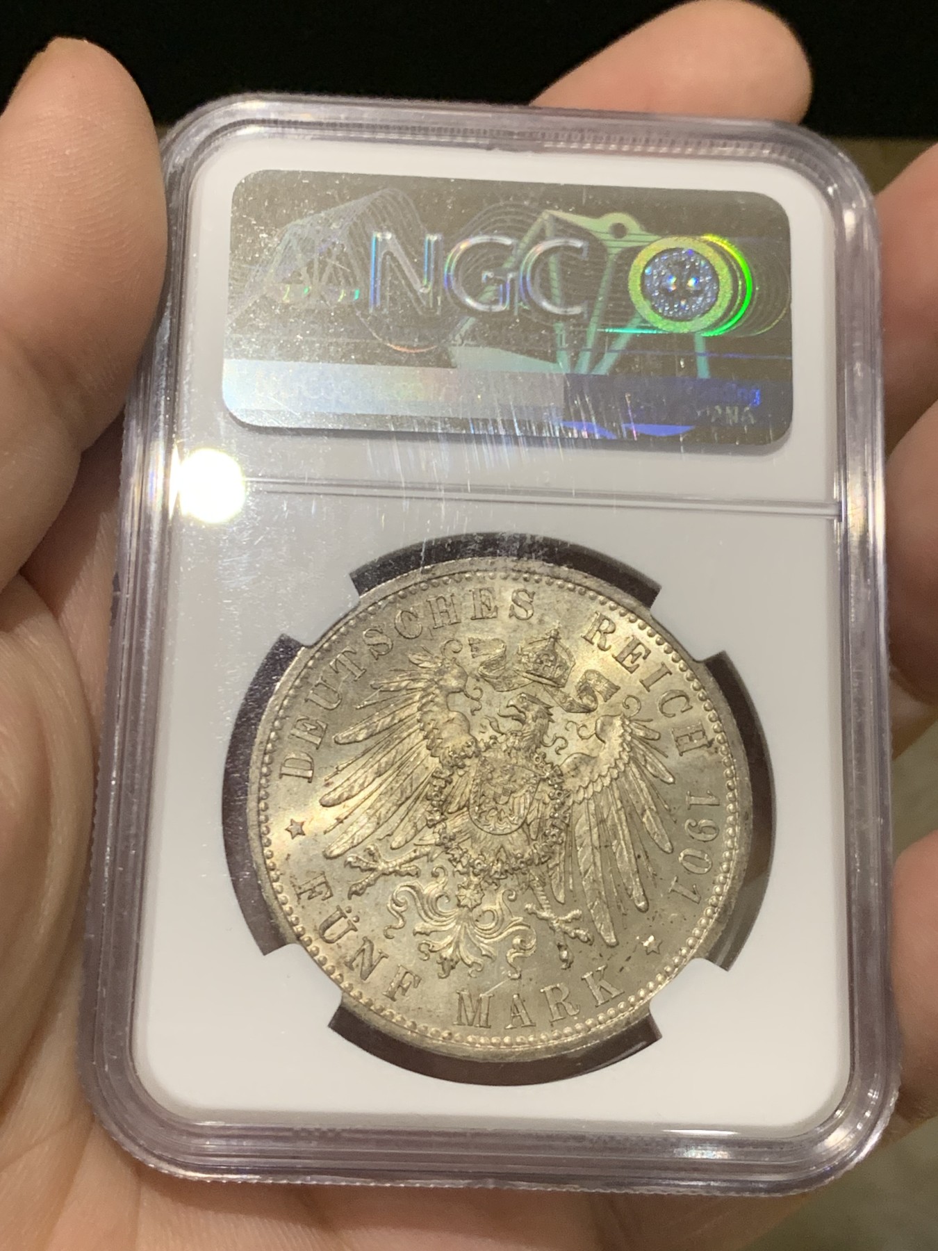 《竞宝斋》第205场-周日，周一 2场 (全场包邮) NGC-MS63 德国1901年普鲁士建国200周年5马克纪念银币 柏林造币厂 金色黄油彩 车轮光 细节饱满