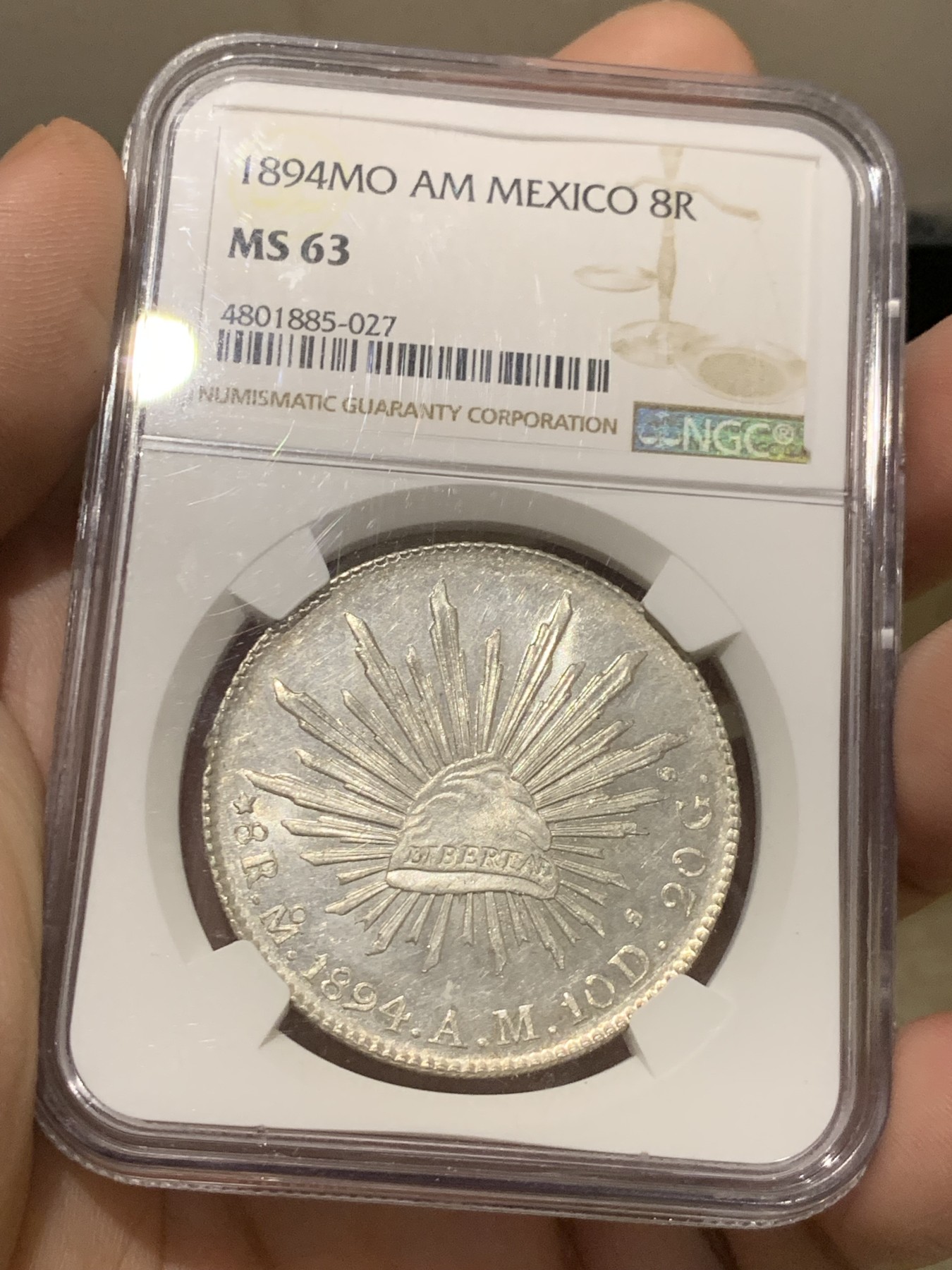 《竞宝斋》第205场-周日，周一 2场 (全场包邮) NGC-MS63 墨西哥1894年MO AM版 花边鹰洋8R 品相好