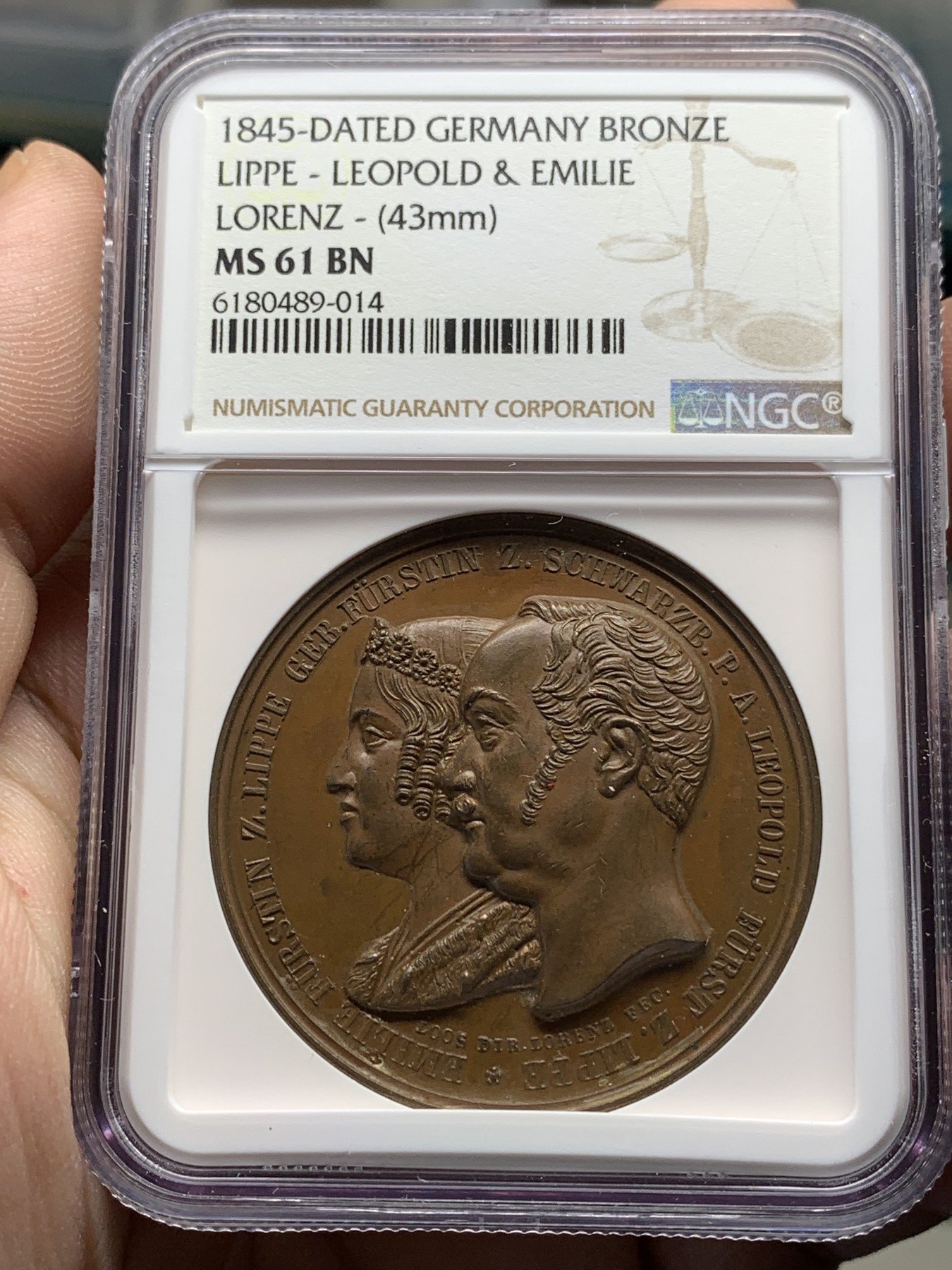 《竞宝斋》第205场-周日，周一 2场 (全场包邮) NGC MS61 德国 1845 利奥波德与洛伦兹婚礼纪念大铜章 巧克力包浆 加厚盒装