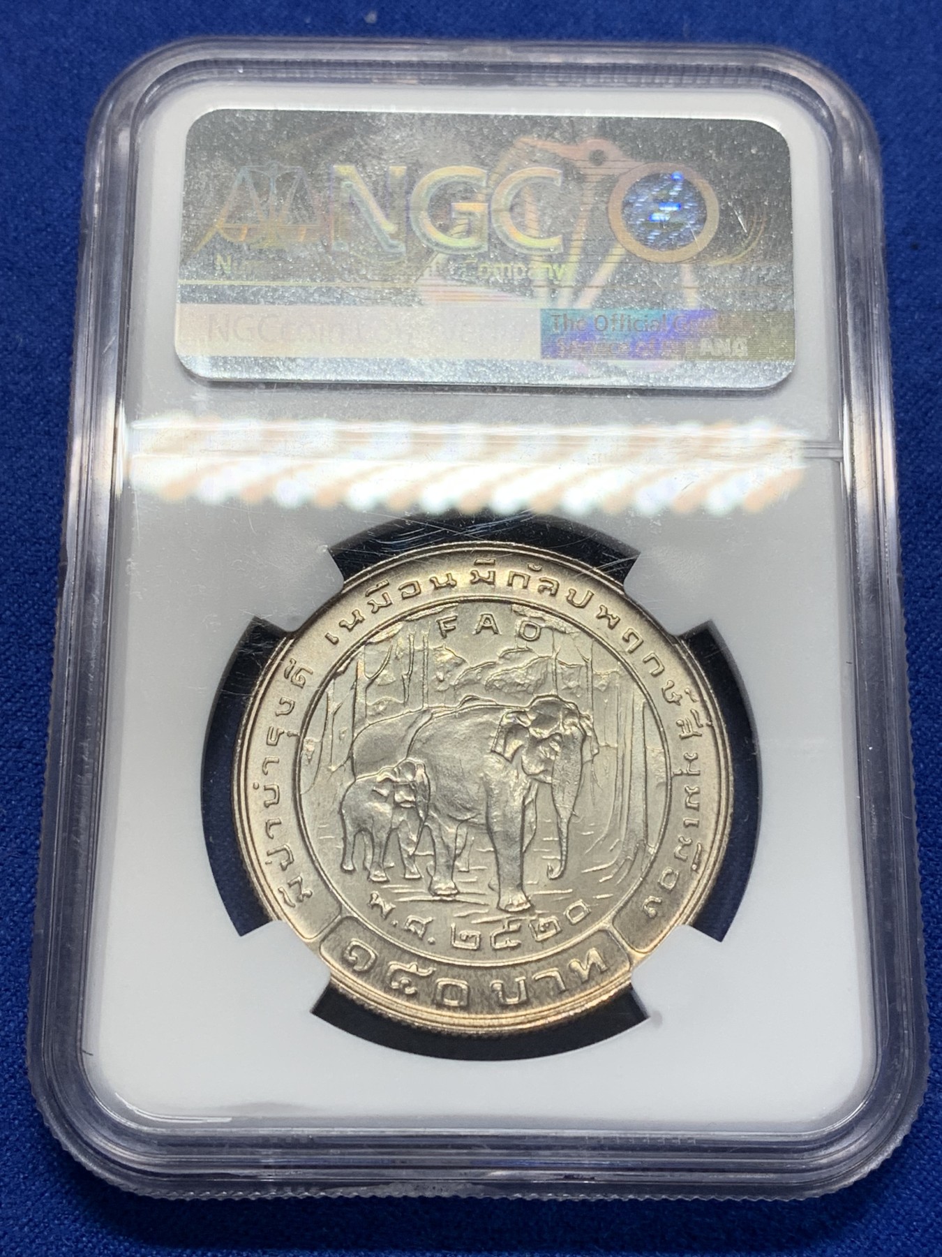 《竞宝斋》第205场-周日，周一 2场 (全场包邮) NGC-MS66 泰王国AD1977年拉玛九世纪念银币 国王视察指导场景 FAO系列 150铢 22.31g 黄油彩