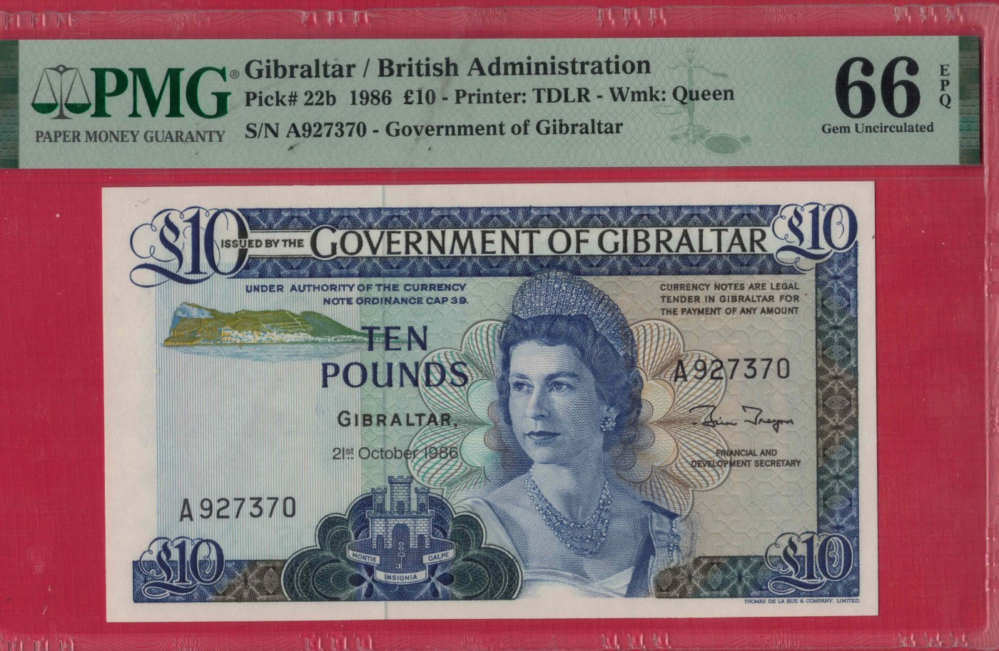 直布罗陀10镑 1986年 A冠 无4 P-22b 欧洲纸币 实物图 UNC