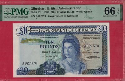 直布罗陀10镑 1986年 A冠 无4 P-22b 欧洲纸币 实物图 UNC - 直布罗陀10镑 1986年 A冠 无4 P-22b 欧洲纸币 实物图 UNC