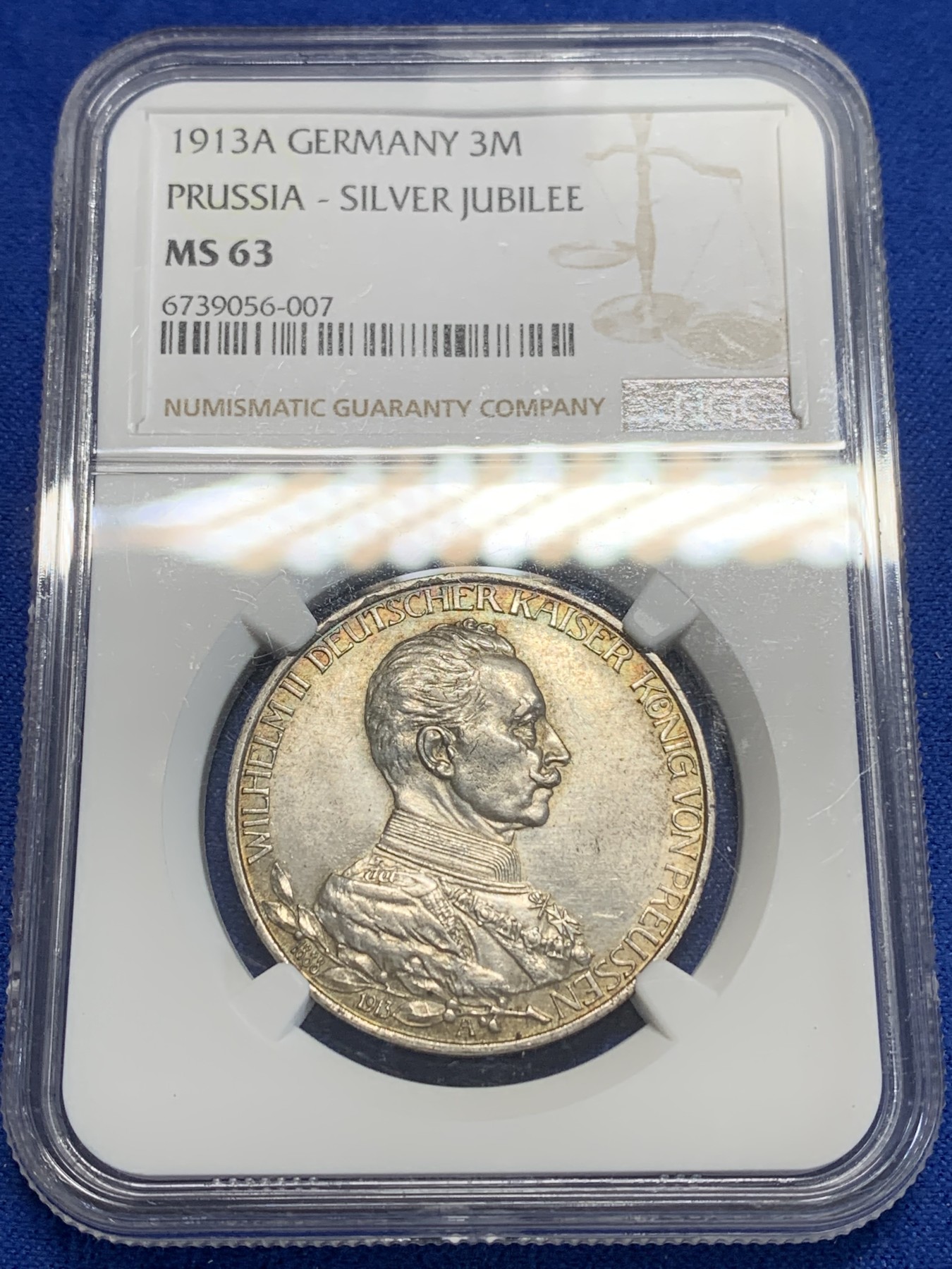 《竞宝斋》第205场-周日，周一 2场 (全场包邮) NGC-MS63 德国1913普鲁士戎装3马克银币