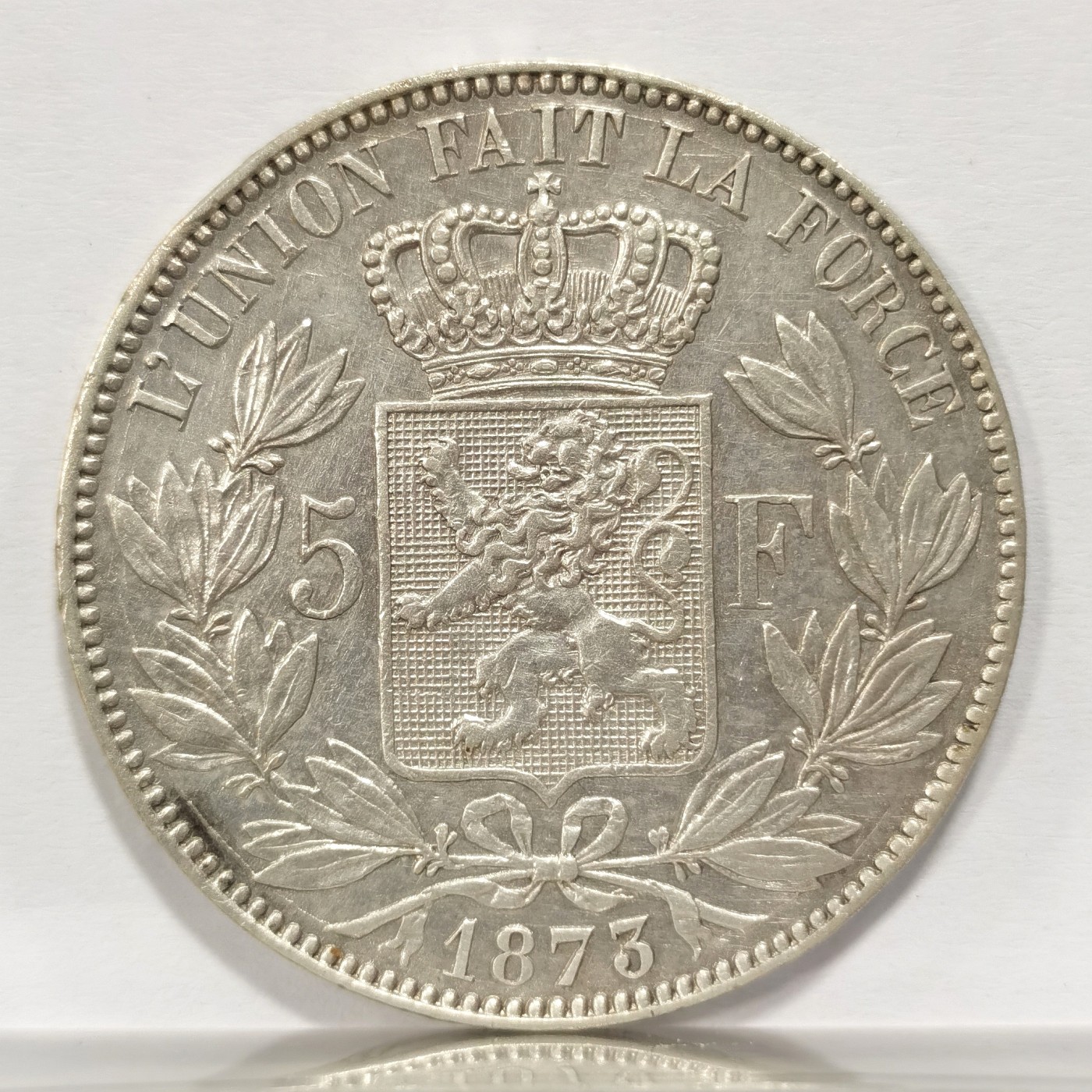 博洋堂世界钱币拍卖第047期（全场包邮） 比利时1873年5法郎银币，近未流通，深打细节完美，狮徽纤毫毕现