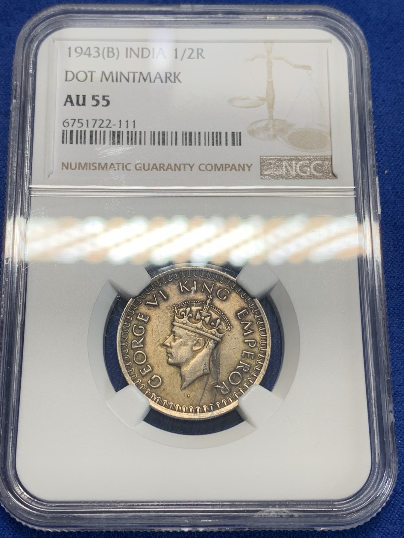 《竞宝斋》第205场-周日，周一 2场 (全场包邮) NGC AU55 英属印度1943年1/2卢比银币