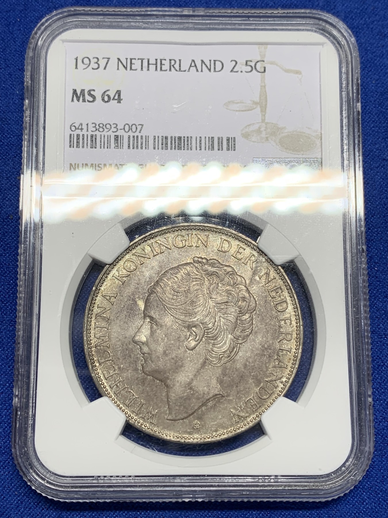 《竞宝斋》第205场-周日，周一 2场 (全场包邮) NGC-MS64 荷兰1937年女王威廉明娜2.5盾银币 包浆深厚 高分好品