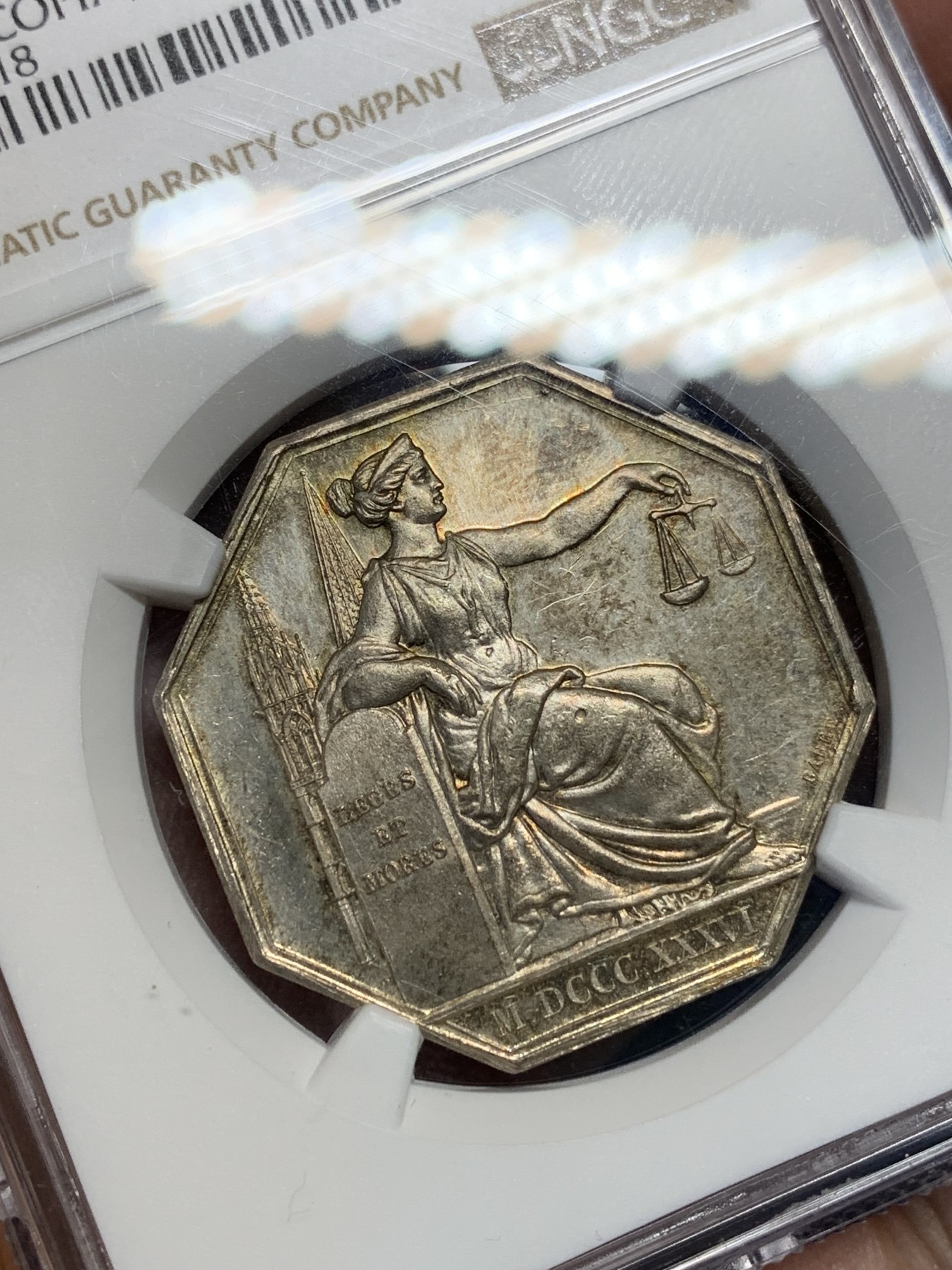 《竞宝斋》第205场-周日，周一 2场 (全场包邮) NGC MS63 法国 特许公证处 银质八角代币 状态好 权威庄严