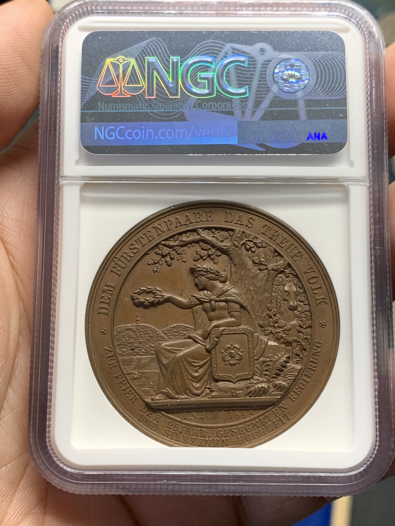 《竞宝斋》第205场-周日，周一 2场 (全场包邮) NGC MS61 德国 1845 利奥波德与洛伦兹婚礼纪念大铜章 巧克力包浆 加厚盒装