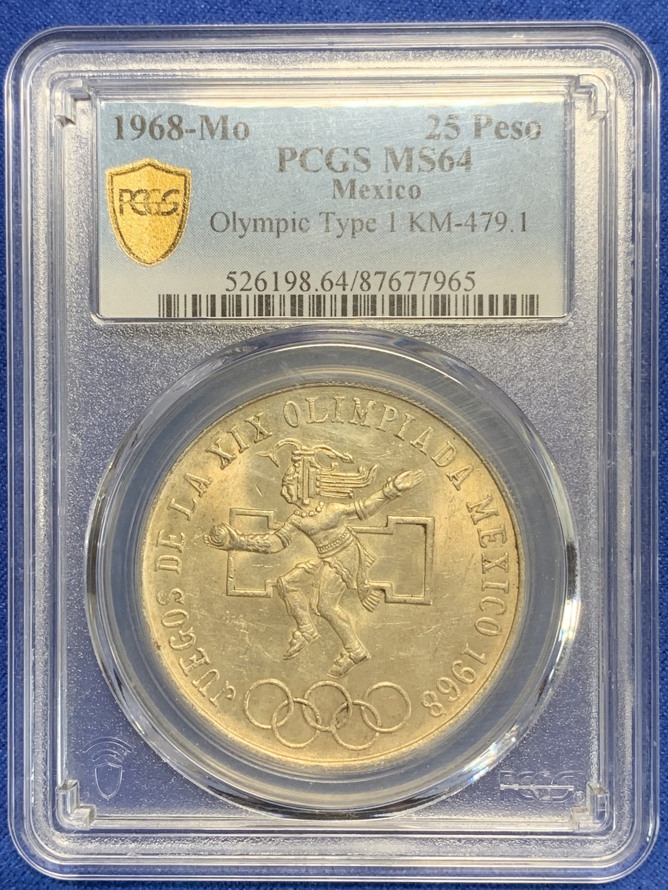 《竞宝斋》第205场-周日，周一 2场 (全场包邮) PCGS–MS64 墨西哥1968年奥运会25比索银币，黄油彩包浆，特别漂亮