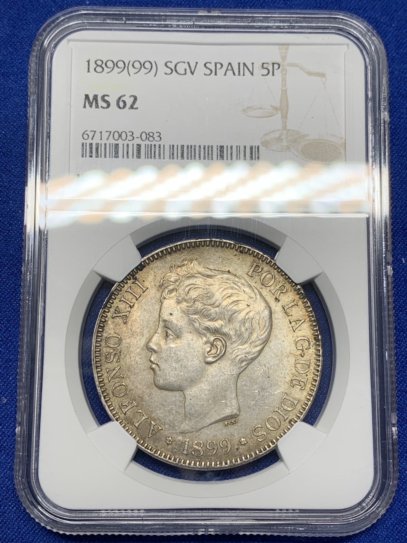 《竞宝斋》第205场-周日，周一 2场 (全场包邮) NGC-MS62 西班牙1899年 国王阿方索十三世 5比塞塔银币