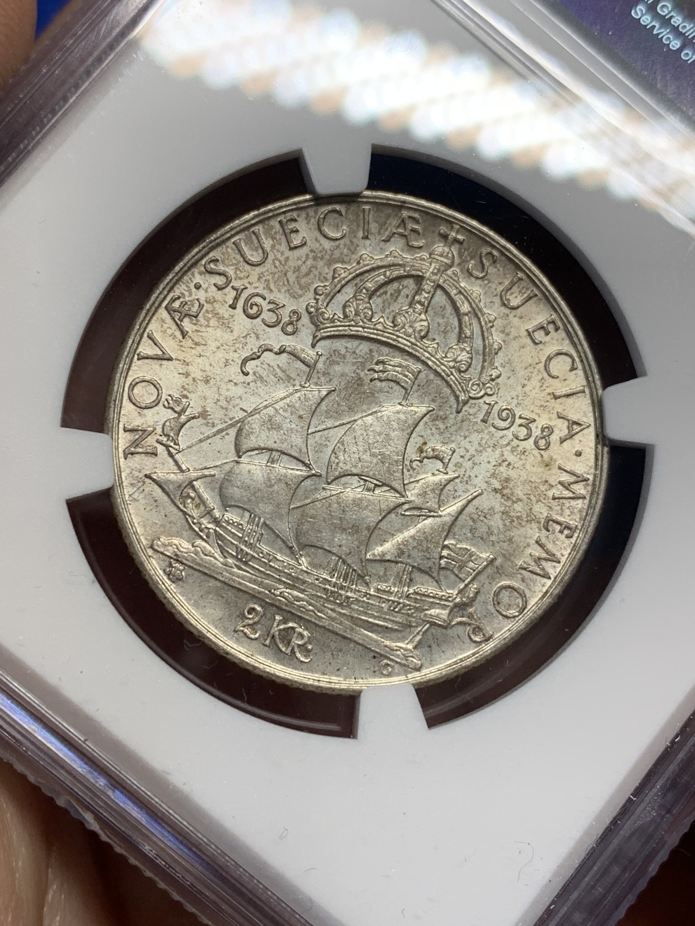 《竞宝斋》第205场-周日，周一 2场 (全场包邮) NGC-MS64 瑞典1938年 三百周年纪念 2克朗银币 高分好品