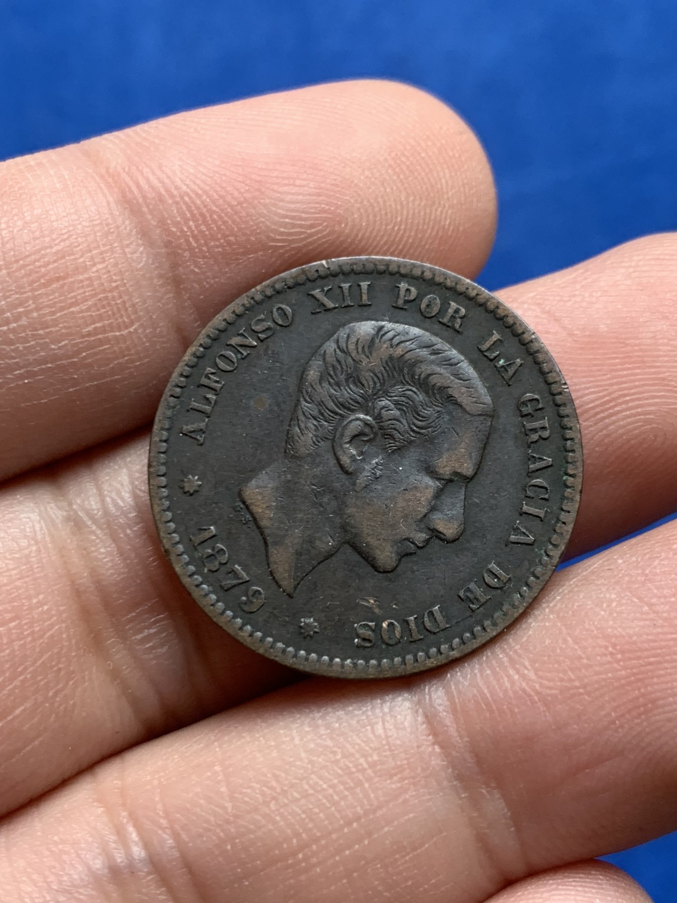 《竞宝斋》第205场-周日，周一 2场 (全场包邮) 西班牙 1879年 阿方索十二世 5分铜币 原味好细节