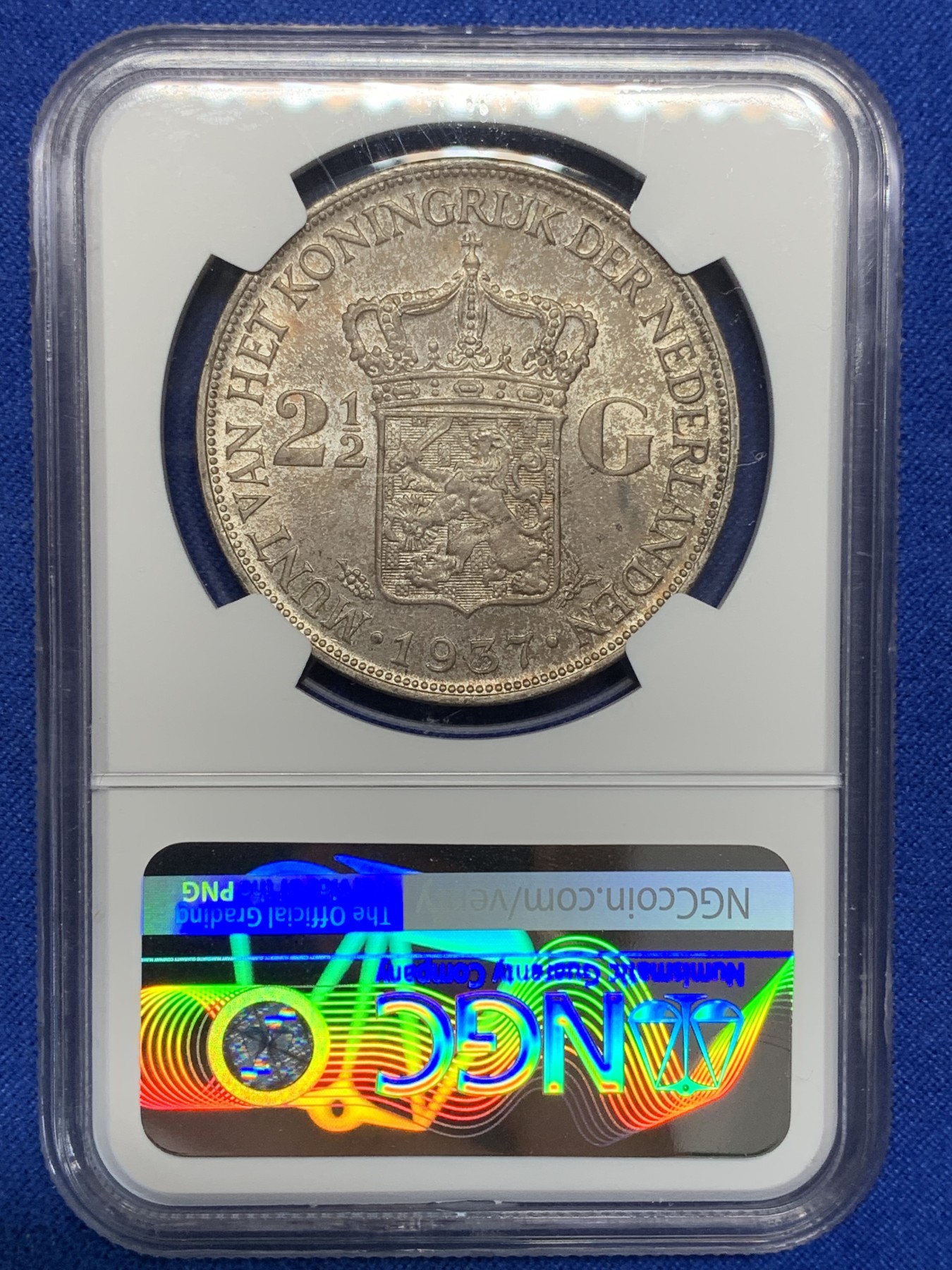 《竞宝斋》第205场-周日，周一 2场 (全场包邮) NGC-MS64 荷兰1937年女王威廉明娜2.5盾银币 包浆深厚 高分好品