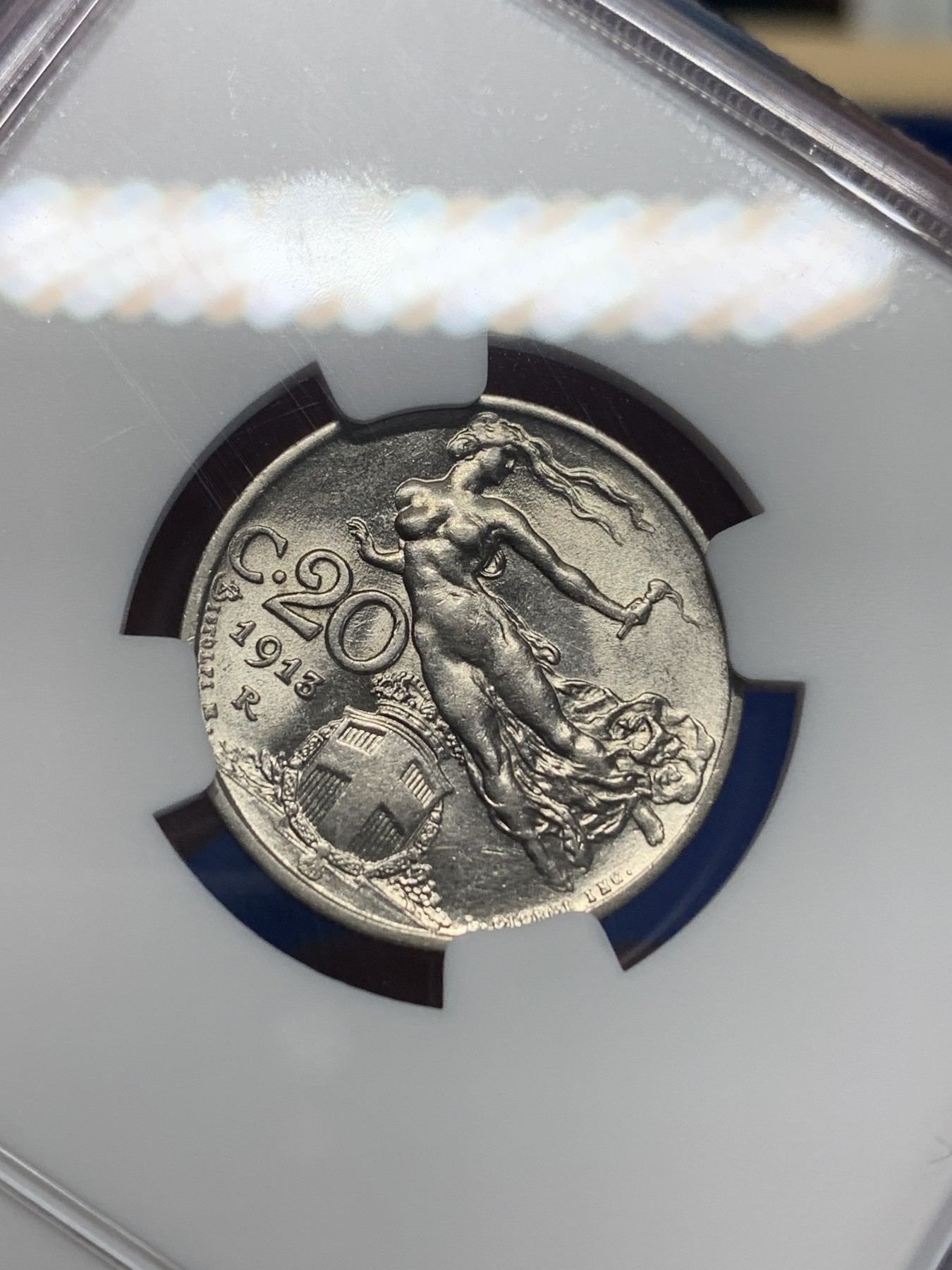 《竞宝斋》第205场-周日，周一 2场 (全场包邮) NGC AU58 意大利1913年20分小飞人镍币 早期年份 500来的裸币随缘拍