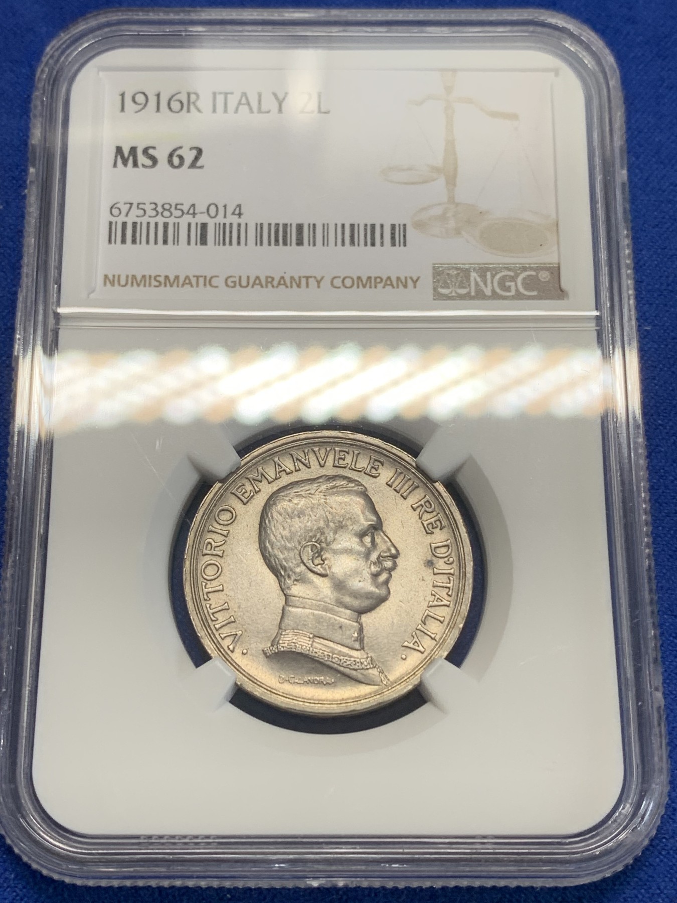 《竞宝斋》第205场-周日，周一 2场 (全场包邮) NGC-MS62 意大利1916-R 女神马车 2里拉银币