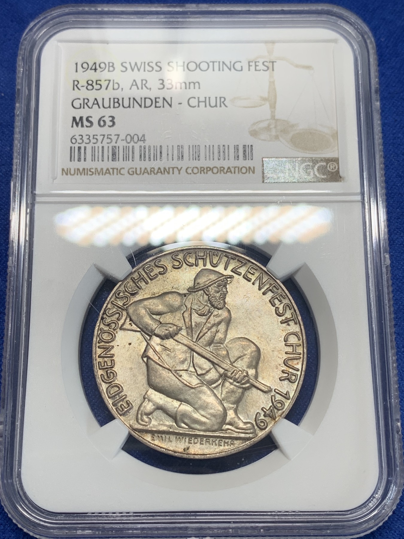 《竞宝斋》第205场-周日，周一 2场 (全场包邮) NGC MS63，瑞士1949年劳宾登射击节银章，总共不到500枚
