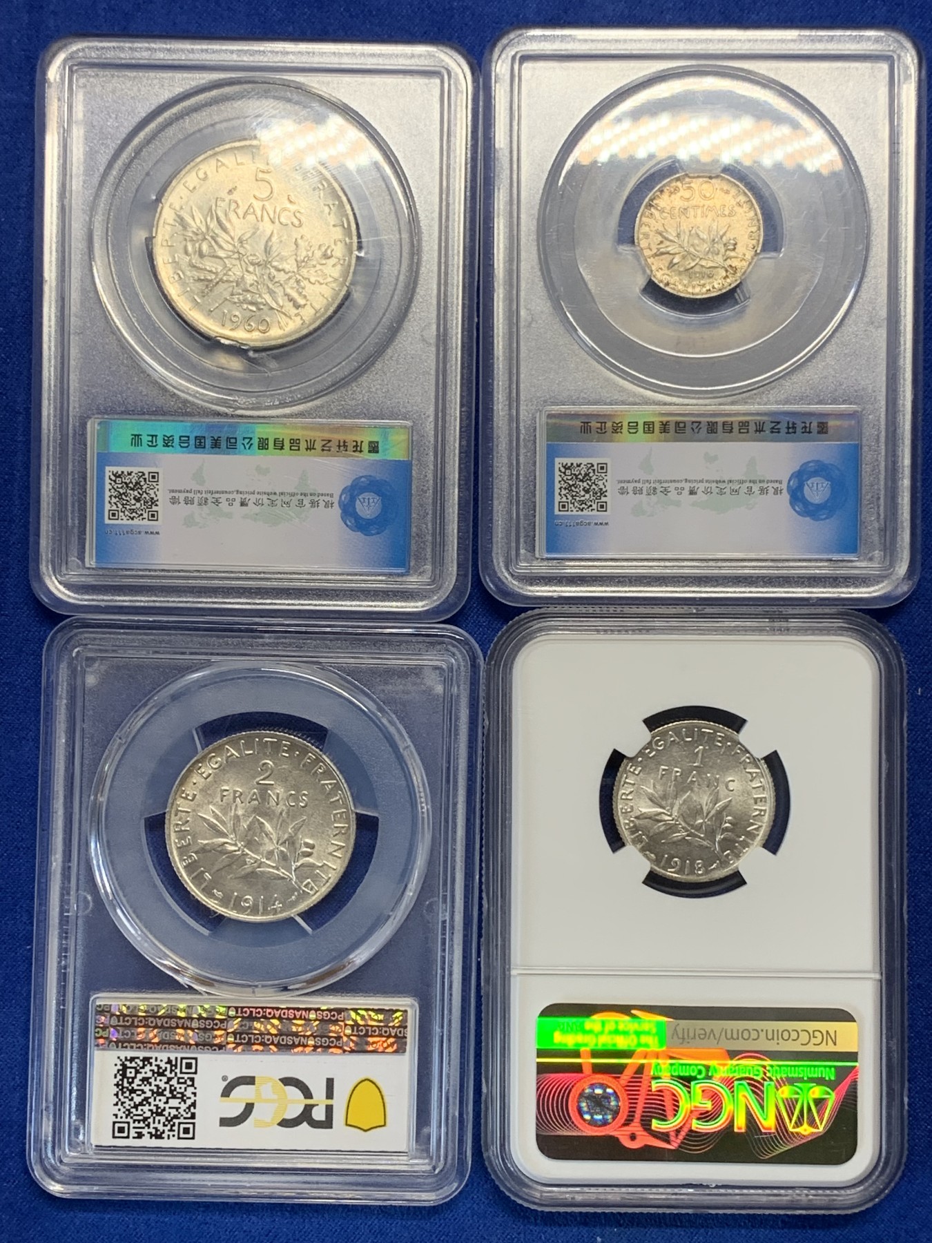 《竞宝斋》第205场-周日，周一 2场 (全场包邮) 法国四枚银币一起， 1960年5法郎，1914年2法郎，1918年1法郎，1918年50分，都是百里挑一的好品，经典的丰收女神图案