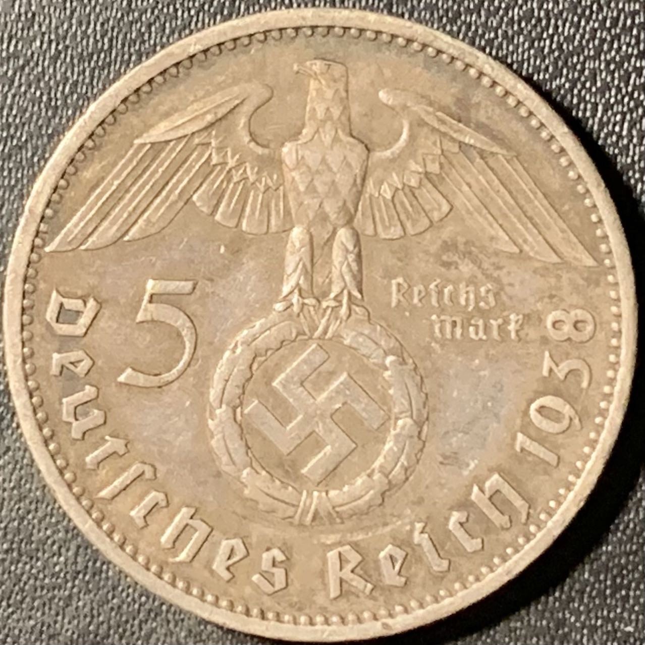 紫瑗钱币——第315期拍卖 德国 1938年 A版 兴登堡 字符 5马克 13.9克 0.9银