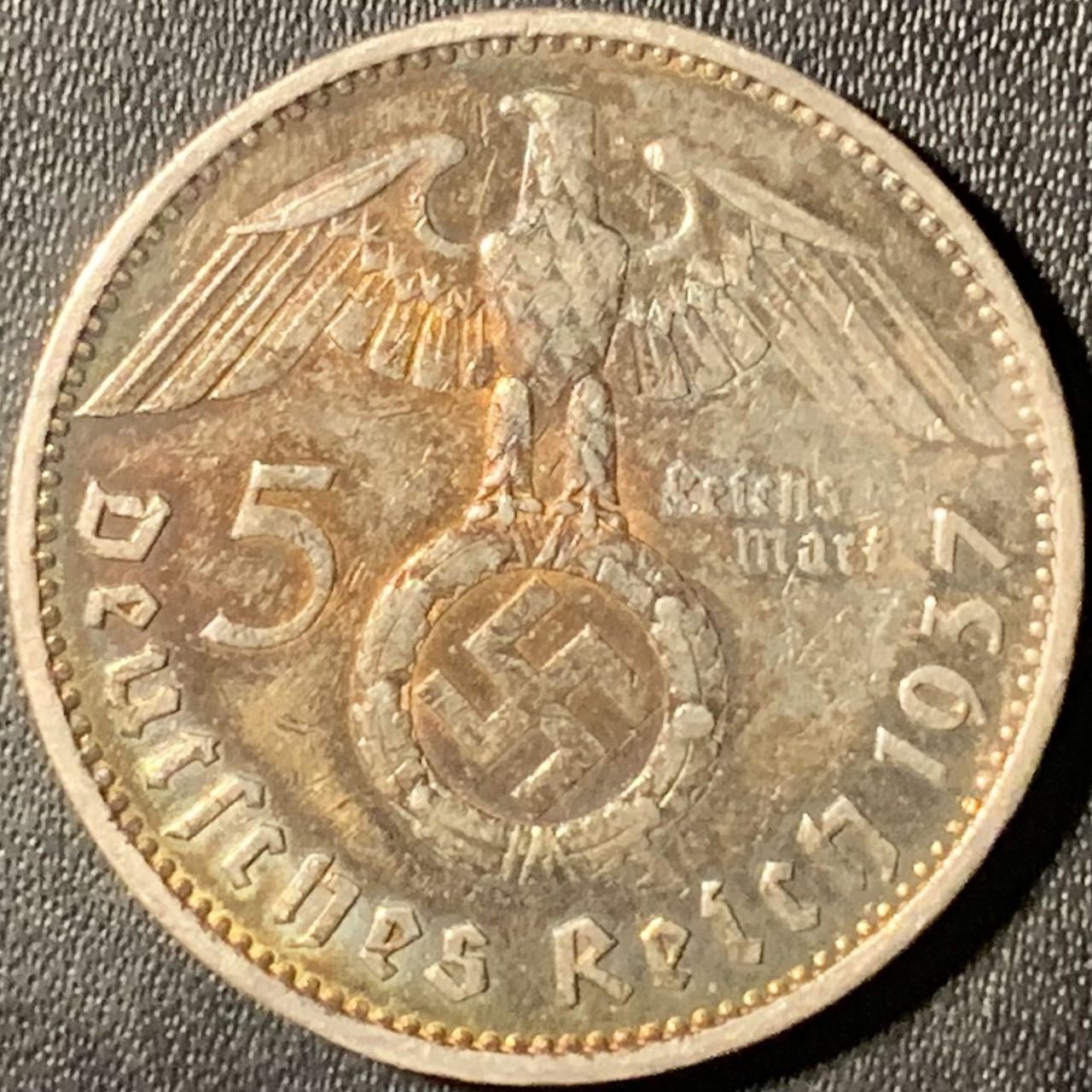 紫瑗钱币——第315期拍卖 德国 1937年 A版 兴登堡 字符 5马克 13.9克 0.9银