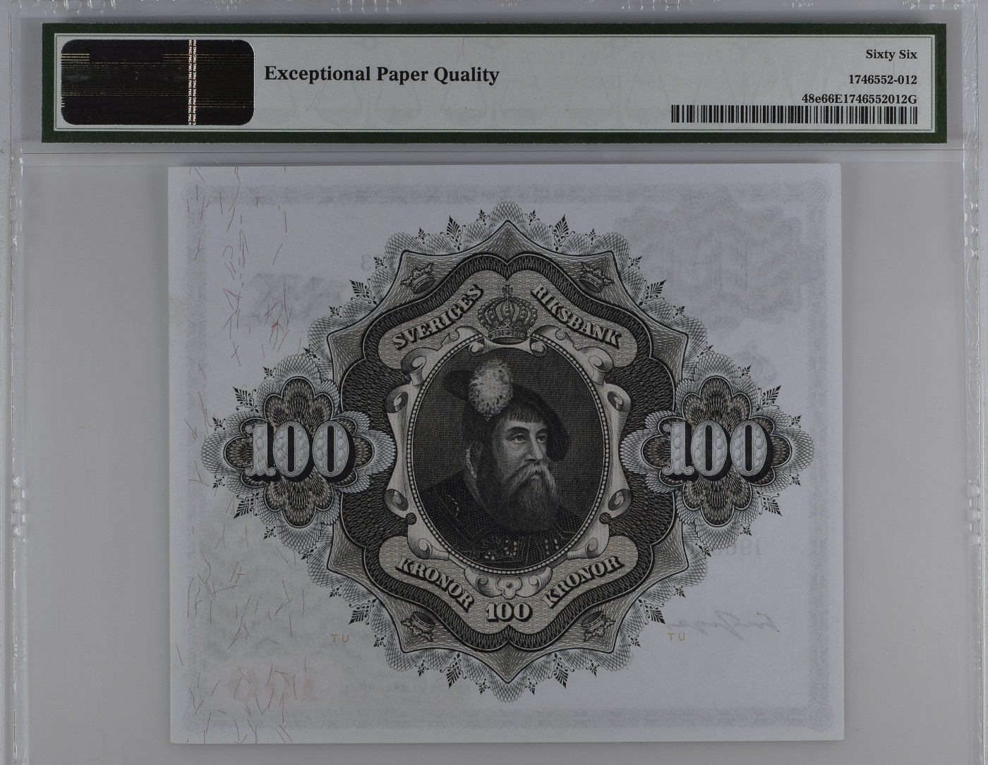 收藏联盟Quantum Auction 第296期拍卖  瑞典1963年100克朗 PMG66 号码无347 稀少大方块
