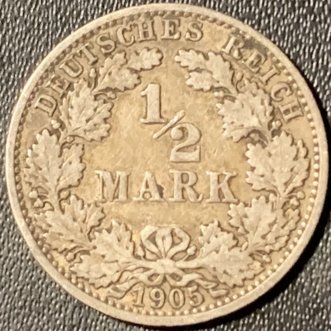 紫瑗钱币——第315期拍卖 德国 1905年 A版 第二帝国 1/2马克 银币 2.77克 0.9银