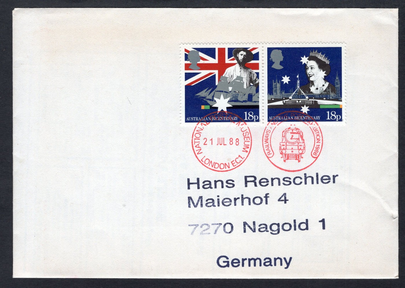 洪涛臻品批发群 精选邮票限时拍卖第四百零六期  英国1988年 澳大利亚200周年邮票 寄德国 干净漂亮的集邮实寄封 带原始内件