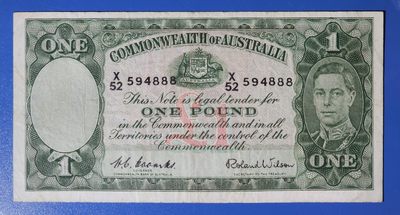 港、澳、台、中外钞、流水签、机签、箱包单、靓号专场第40期 - 澳大利亚联邦 1942 年 1镑 （国王 乔治六世）流通钞好品 豹子号 X52  594888 一张///流通好品 品相自定 如图