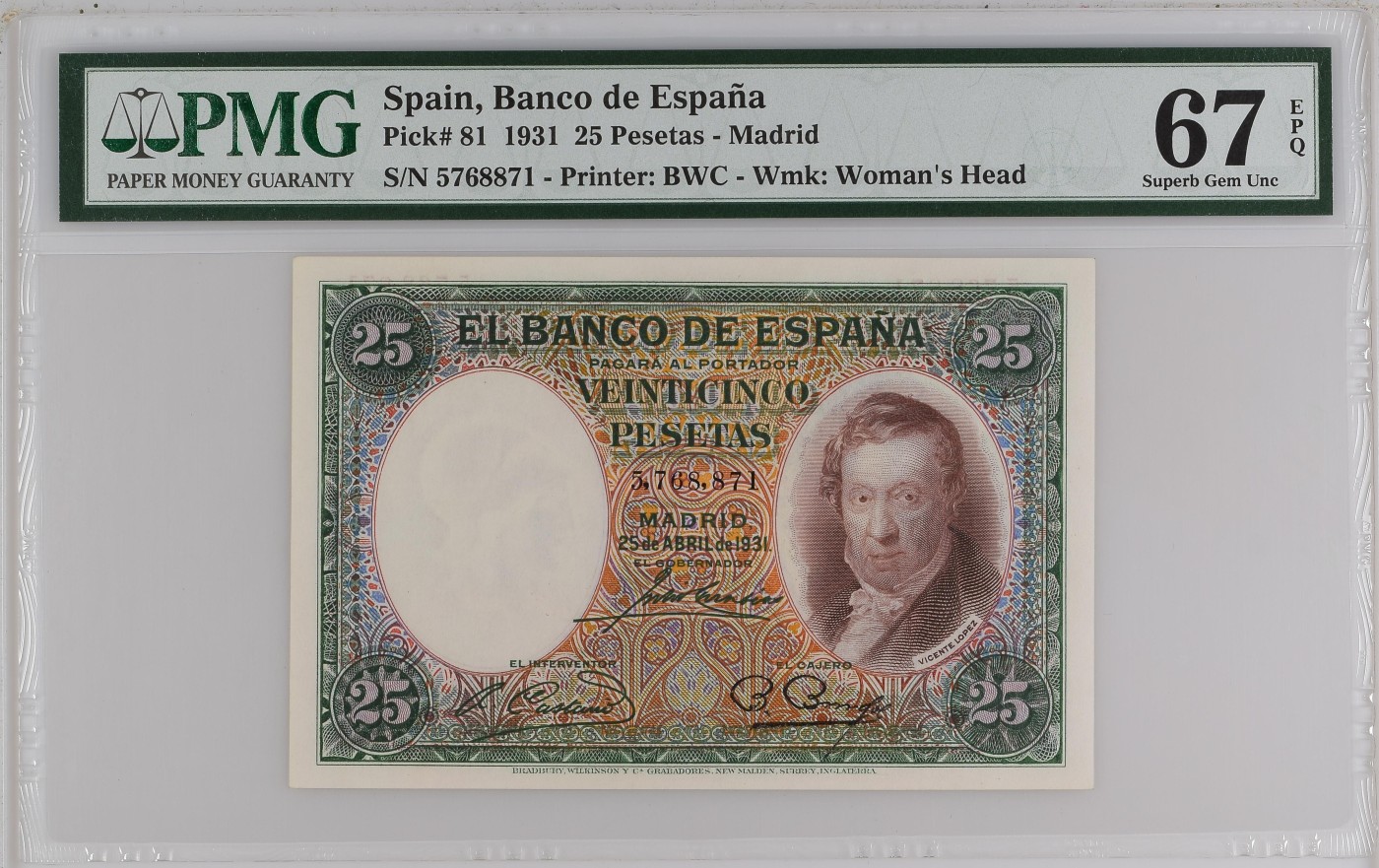 收藏联盟Quantum Auction 第296期拍卖  西班牙1931年25比塞塔 PMG67 小天使 号码无4 BWC经典之作