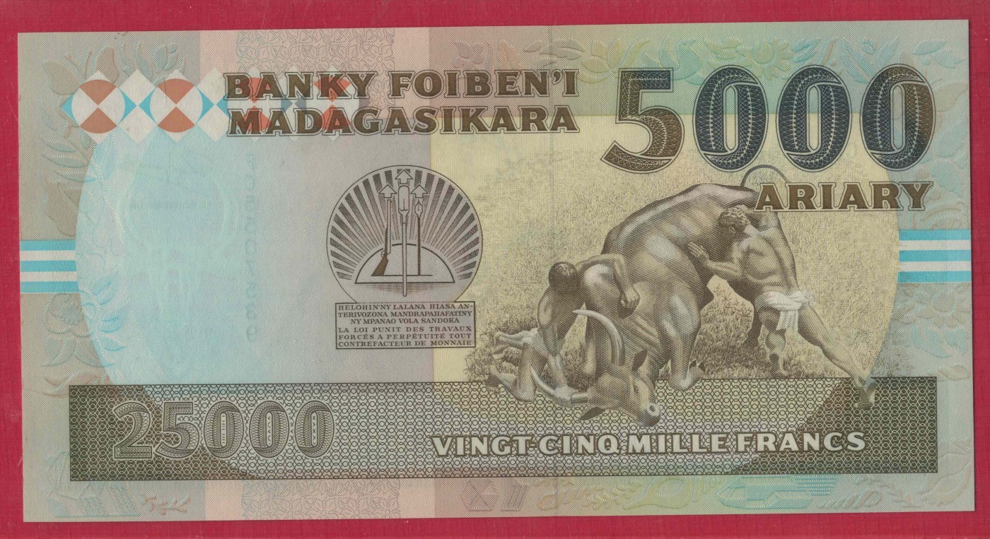马达加斯加5000阿里亚里(25000法郎) 1993年 P-74A 无4 非洲纸币 实物图 UNC