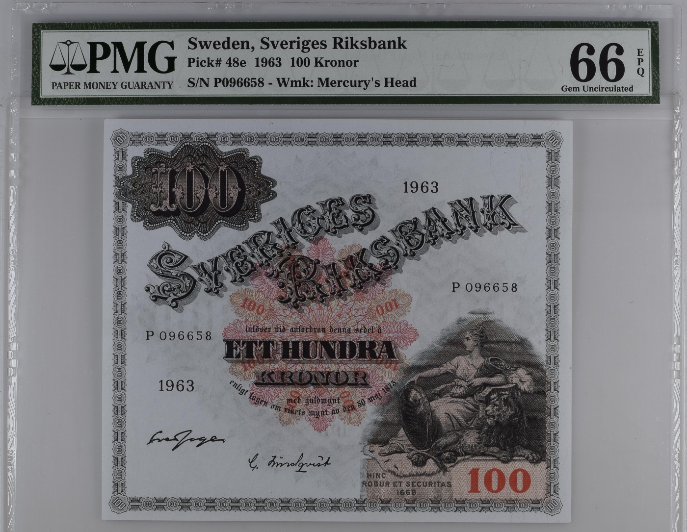 收藏联盟Quantum Auction 第296期拍卖  瑞典1963年100克朗 PMG66 号码无347 稀少大方块