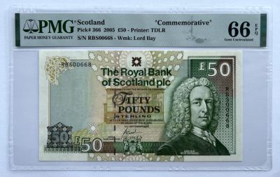 2023第42场（总第141期）：精品塑料钞、纪念钞、评级币专场 - 百位倒置号RBS00668 苏格兰皇家银行“戈加本新银行总部落成”50镑纪念钞（PMG66季军分）