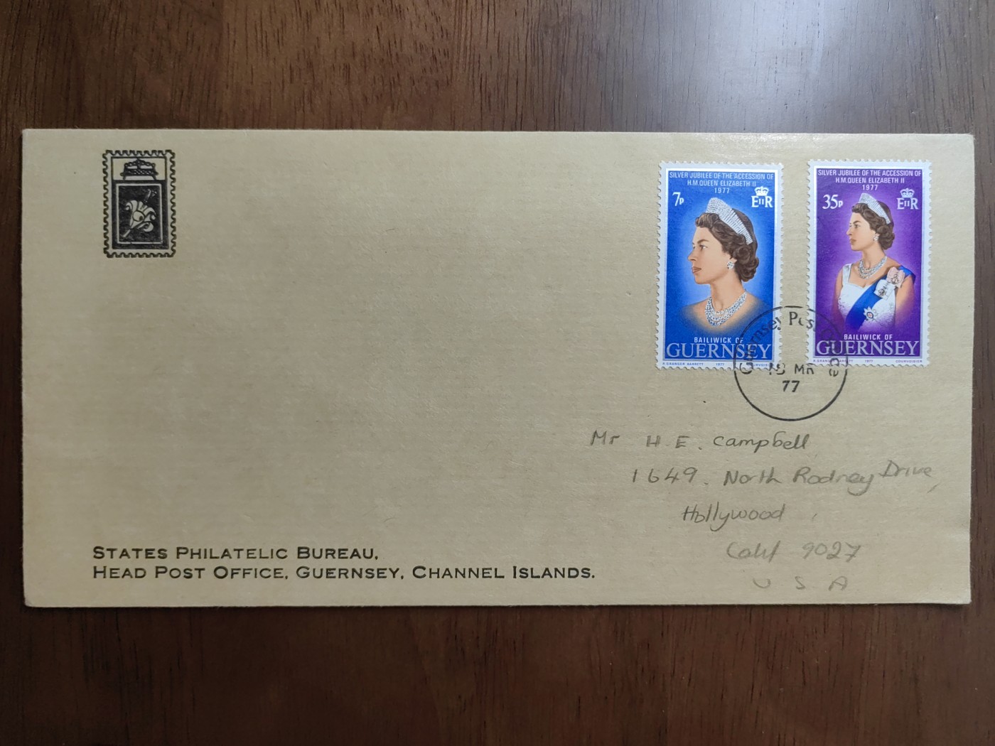 外国邮品精品专场（秒杀）第①⑤场 海峡群岛根西1977 实寄牛皮邮封